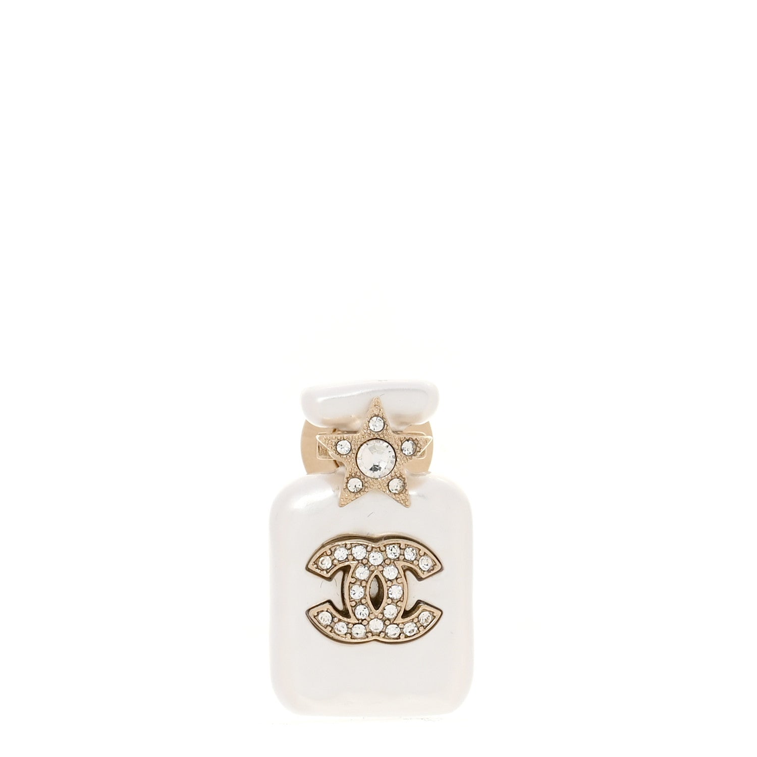 Pearl Resin Crystal CC Perfume Bottle Brooch Gold Pearly White