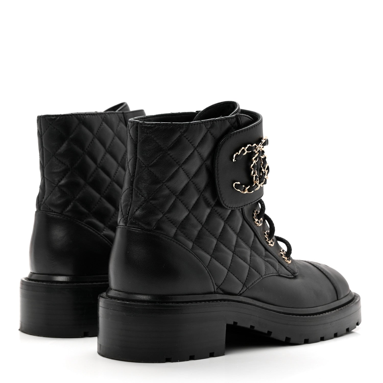 Shiny Lambskin Quilted Lace Up Combat Boots 38.5 Black
