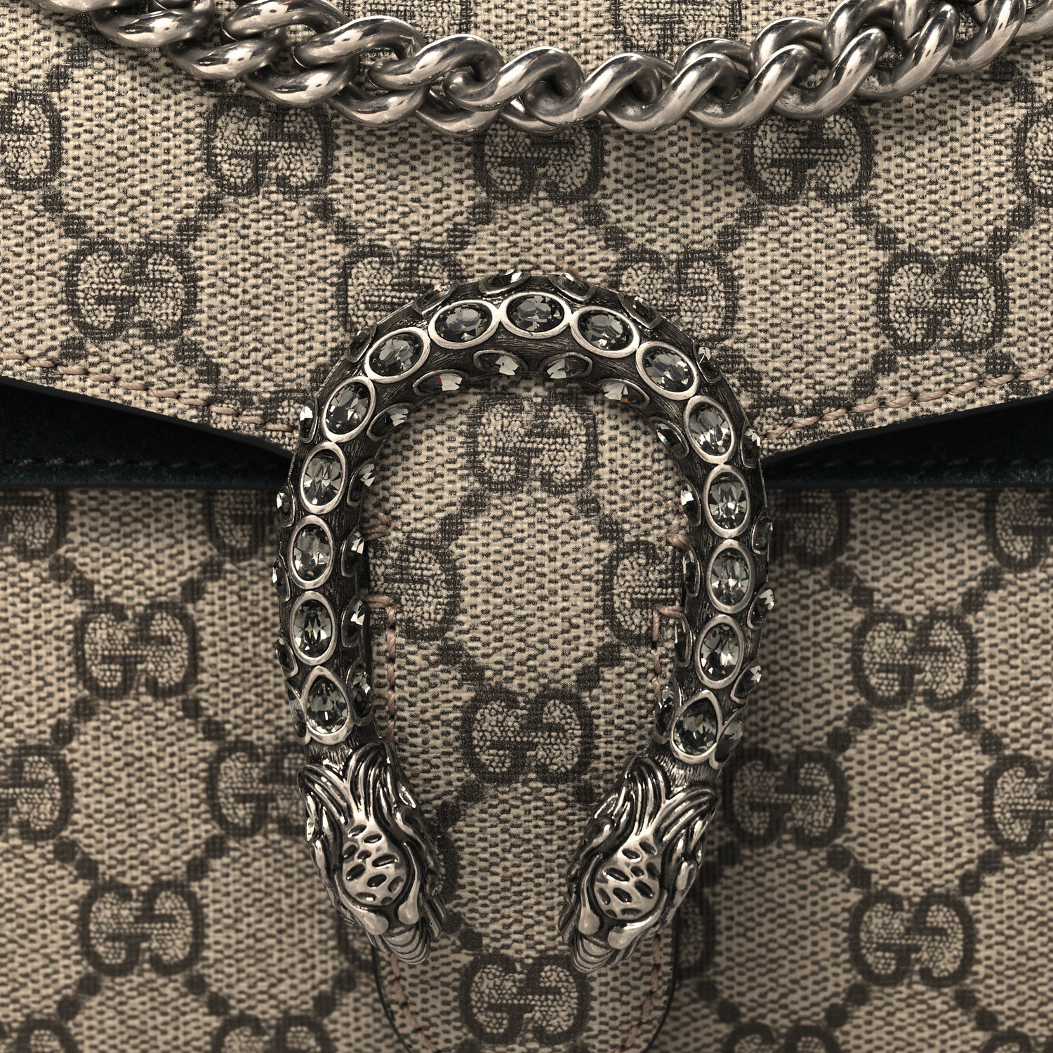 GG Supreme Monogram Suede Crystal Small Dionysus Shoulder Bag Beige Ebony Black