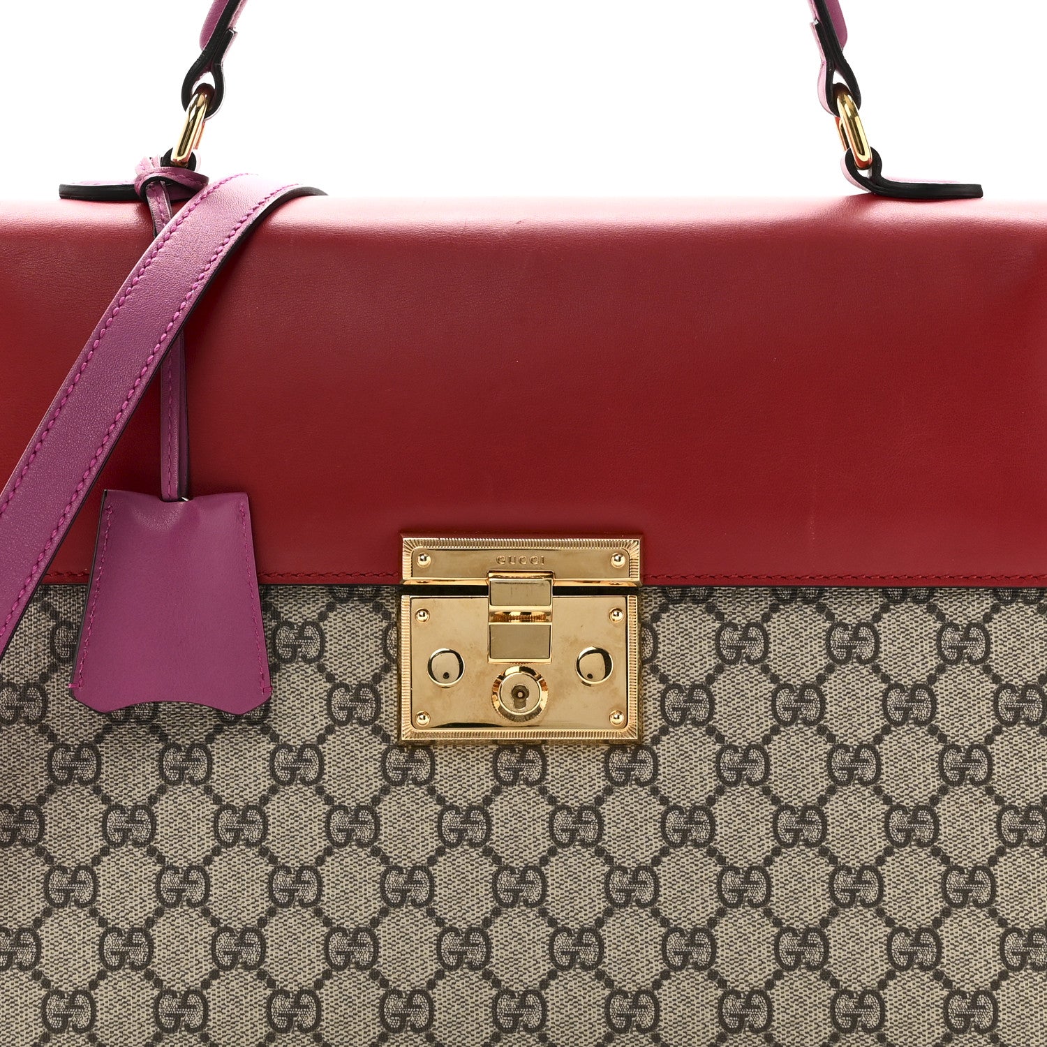 GG Supreme Monogram Calfskin Medium Padlock Top Handle Bag Beige Hibiscus Red New Rosette