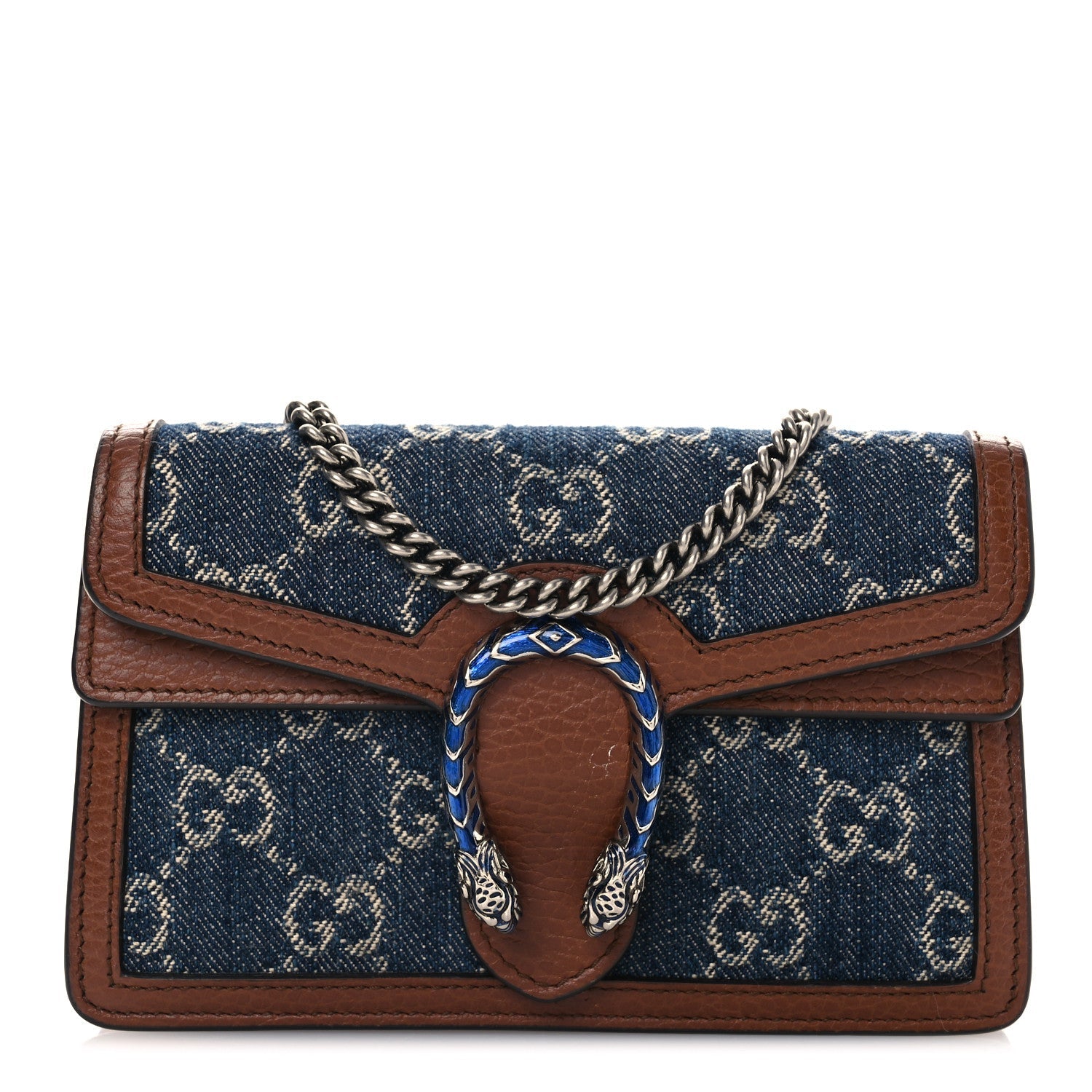 New Denim GG Monogram Dollar Calfskin Enamel Super Mini Dionysus Shoulder Bag Blue Tea Cuir Epilog Electric Blue