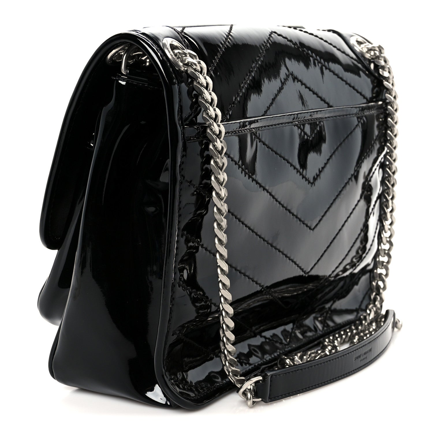 Faux Patent Matelasse Monogram Medium Niki Chain Satchel Black