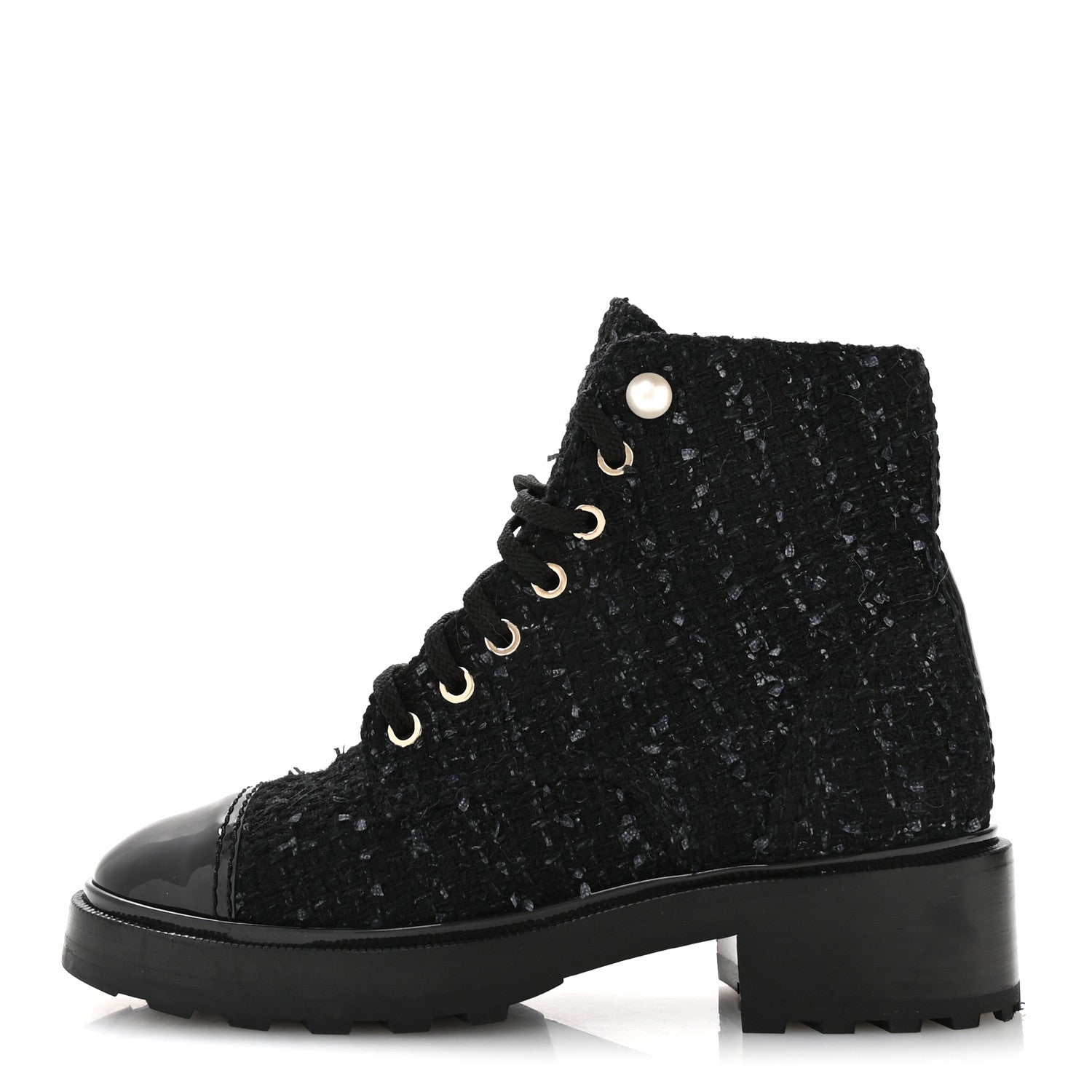 Tweed Patent Calfskin Pearl Combat Short Boots 37  Black Grey Blue