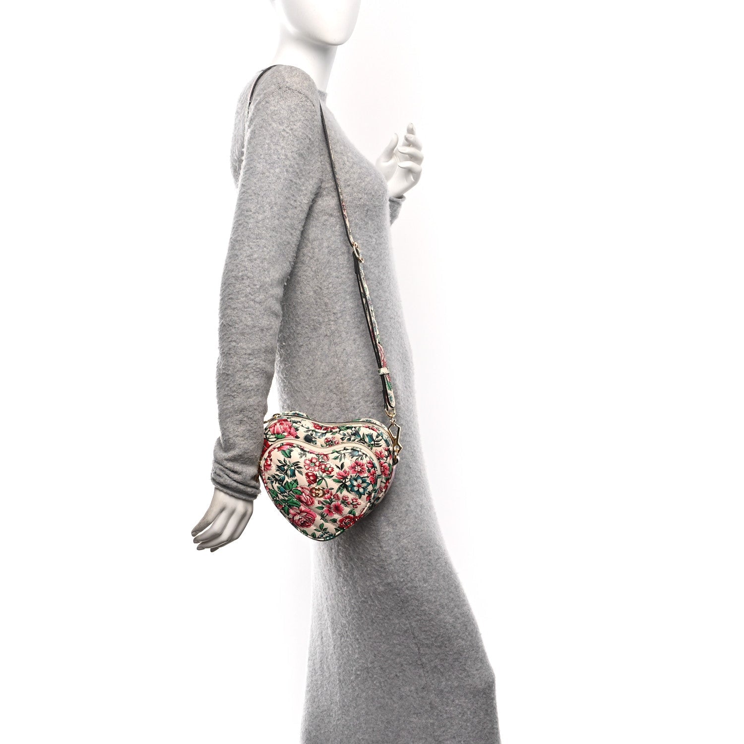 Calfskin Matelasse Diagonal Brit Roses Print Mini Interlocking G Heart Shoulder Bag  White Multicolor