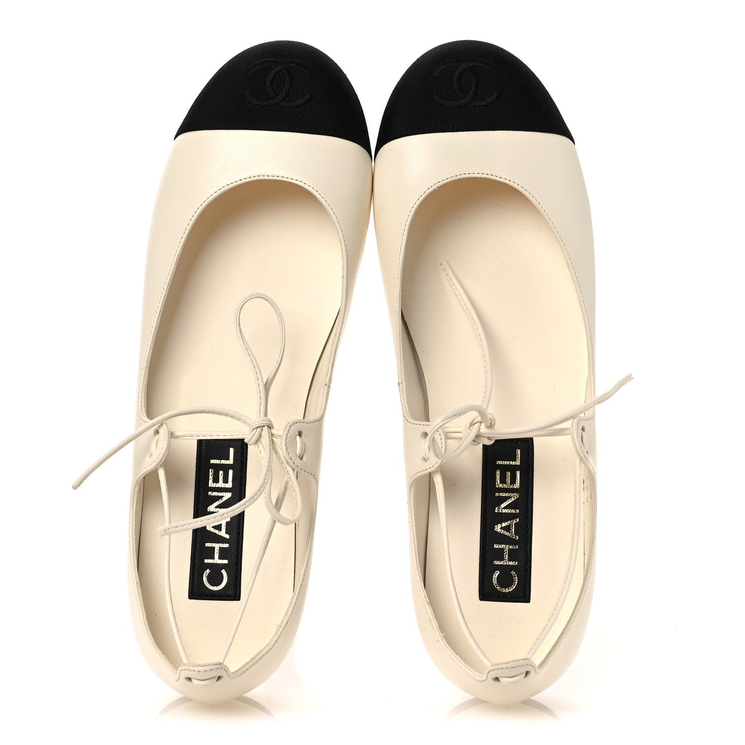 Lambskin Grosgrain Mary Jane Flats 38.5 Ivory Black