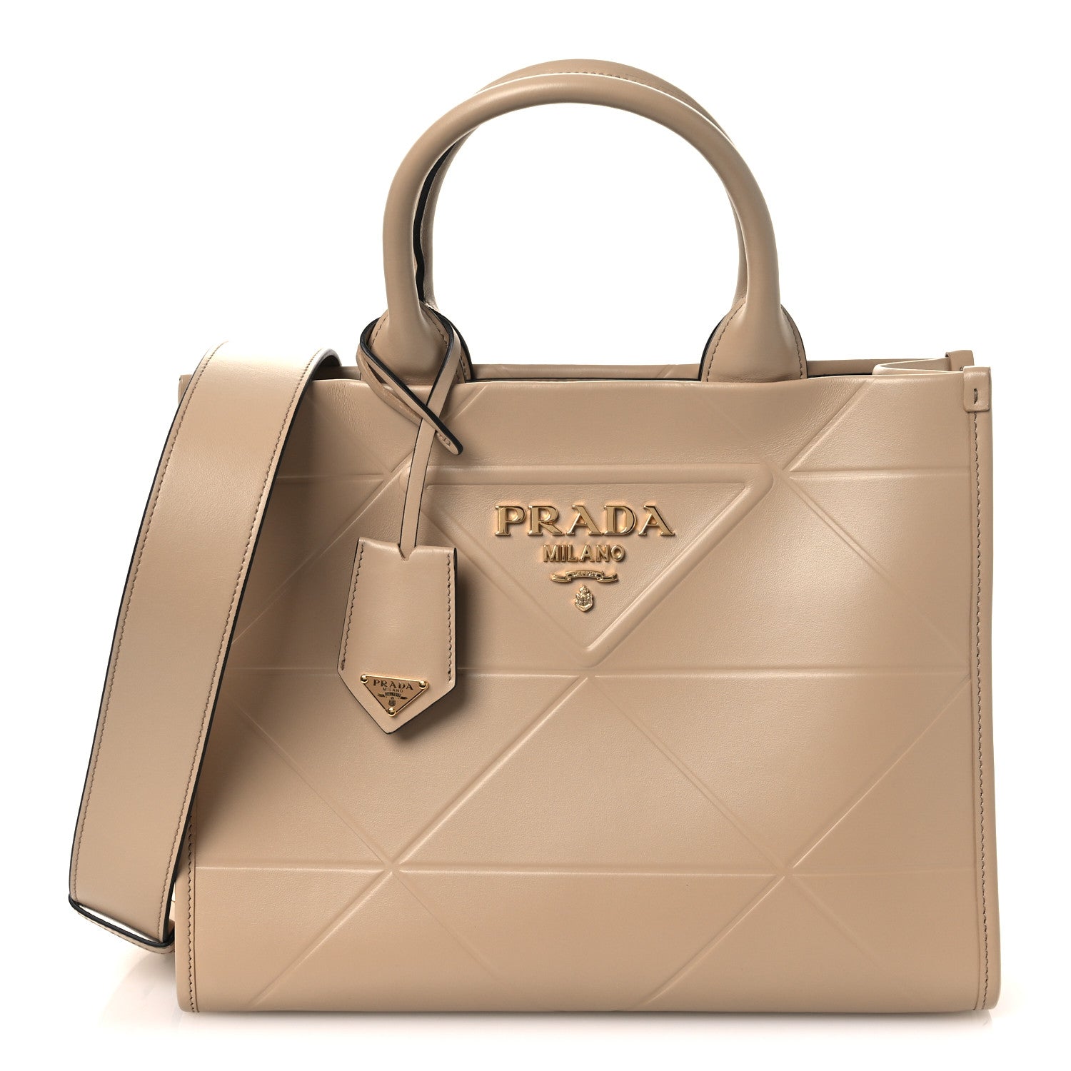 Soft Calfskin Triangolo Symbole Embossed Small Tote Sabbia
