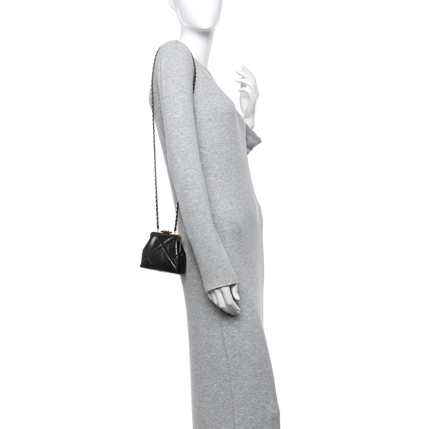 Shiny Aged Lambskin Quilted Kiss Lock Clutch With Chain Black