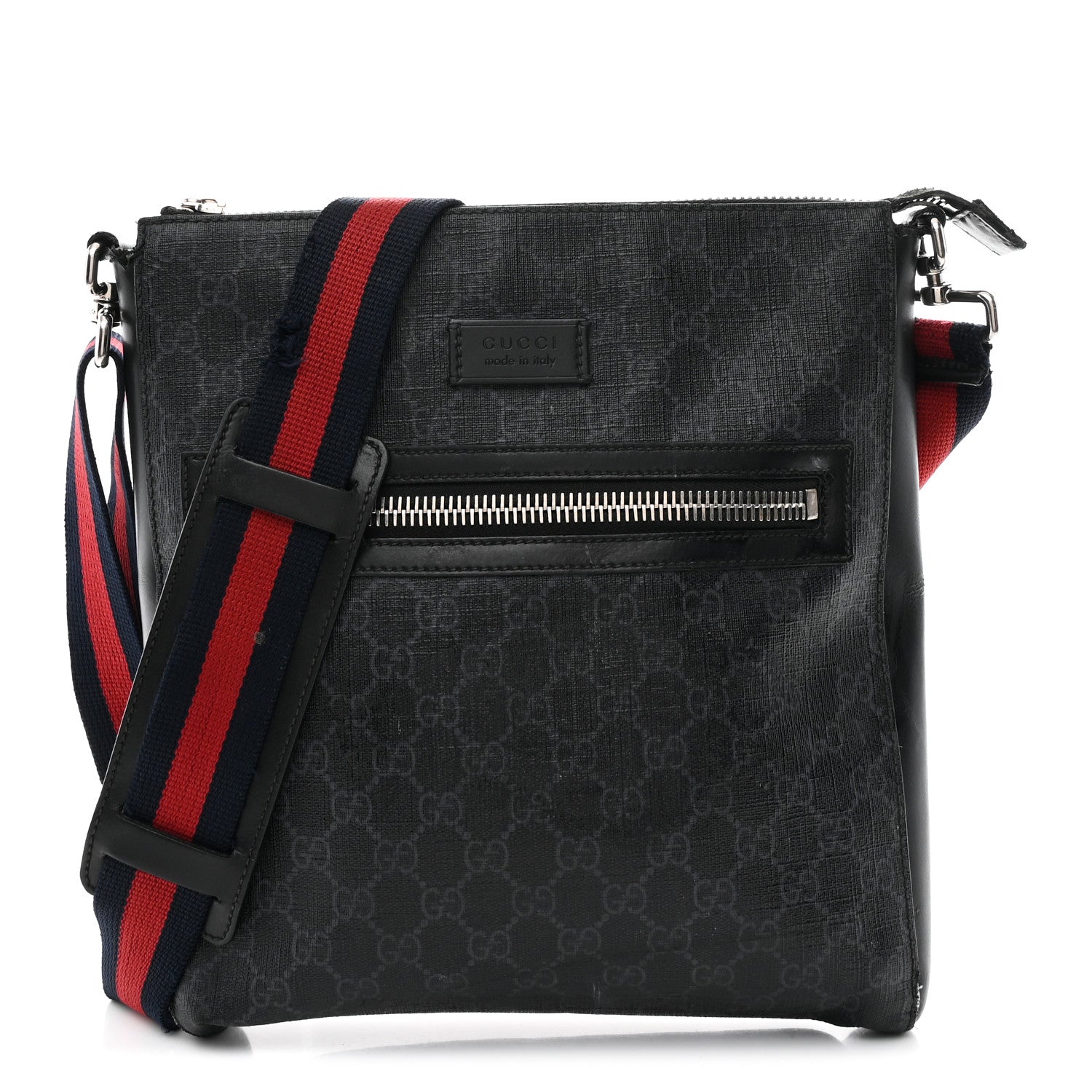 GG Supreme Monogram Appia Calfskin Web Flat Messenger Bag Black Grey