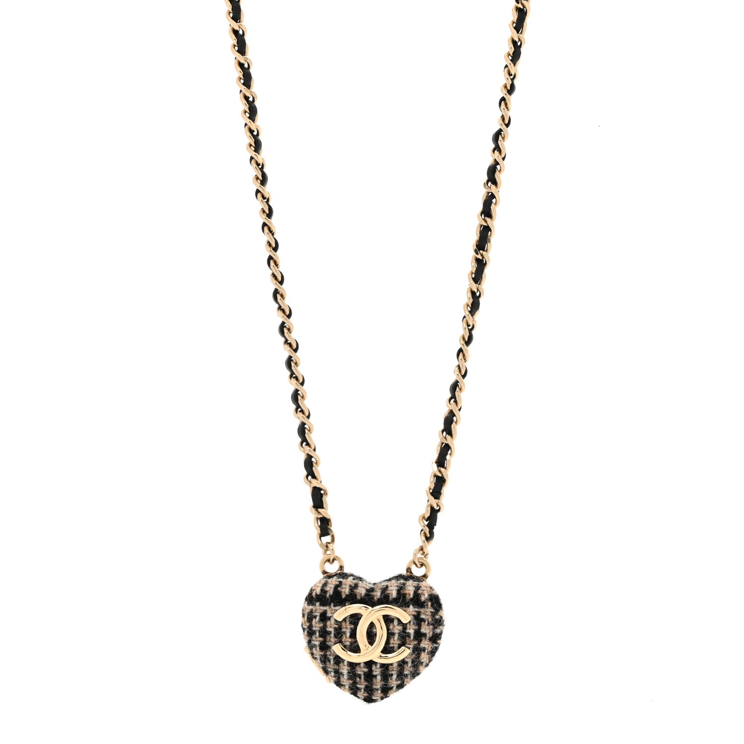 Tweed Lambskin CC Heart Locket Necklace Gold Black Beige