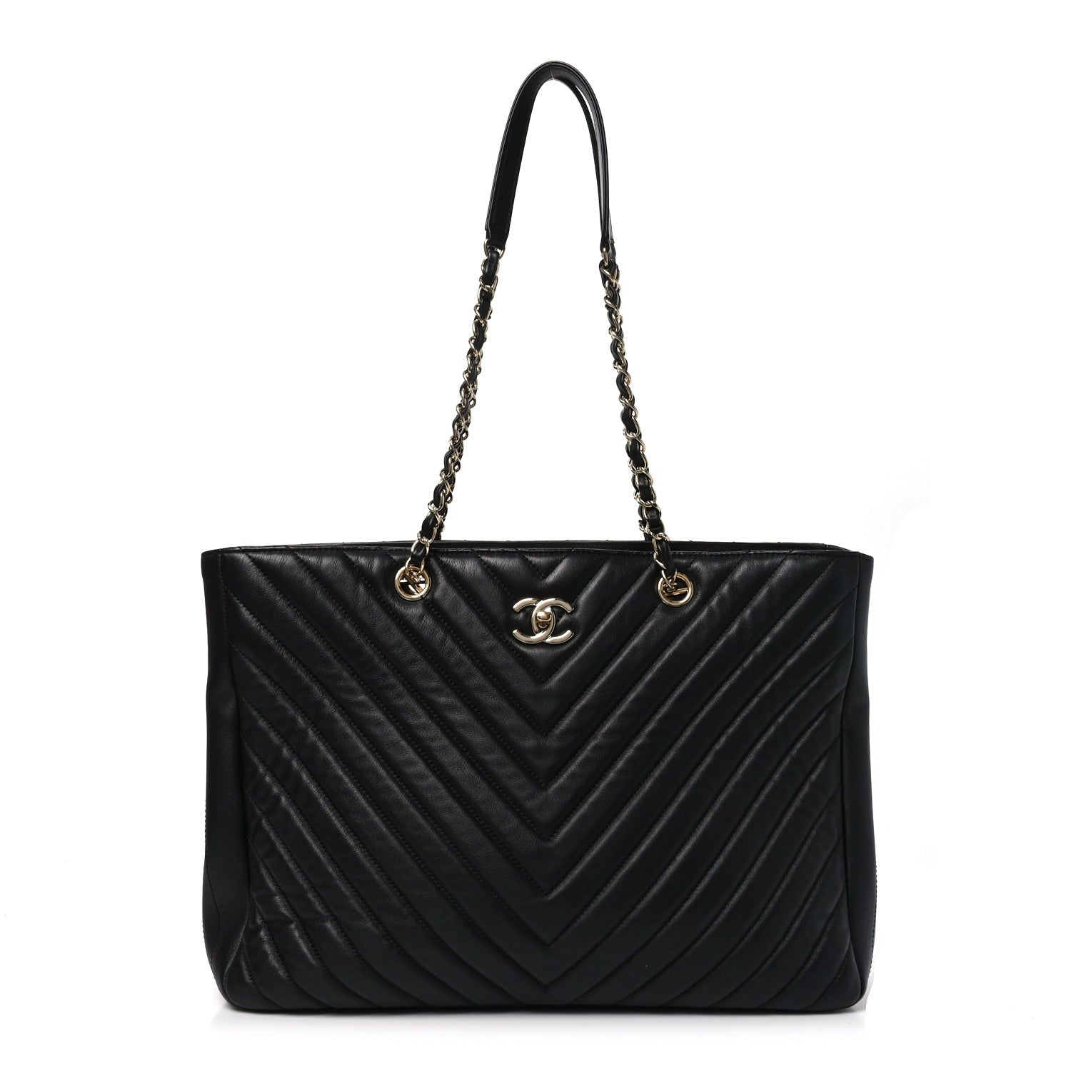 Iridescent Calfskin Chevron Quilted Shopping Tote Black