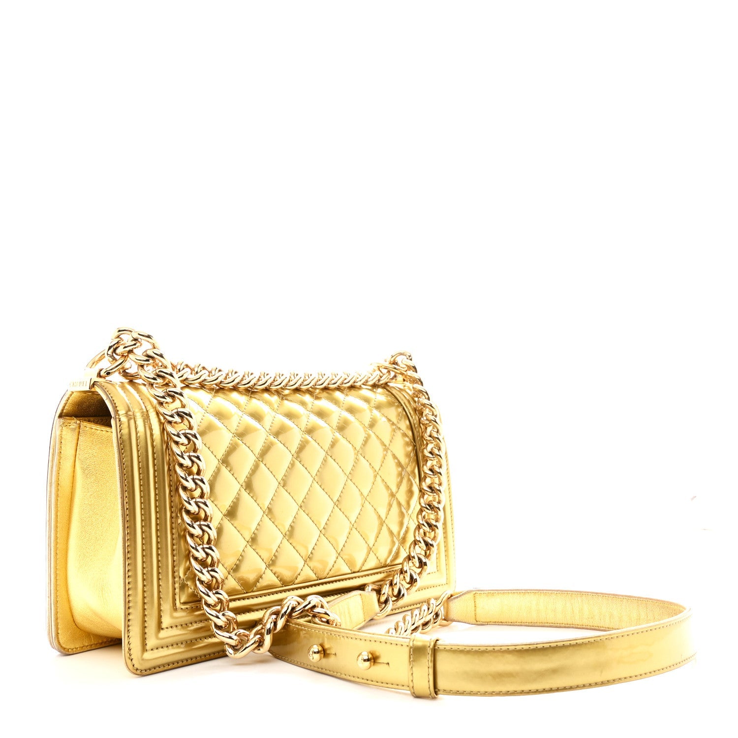Metallic Patent Calfskin Quilted Medium Boy Flap Gold