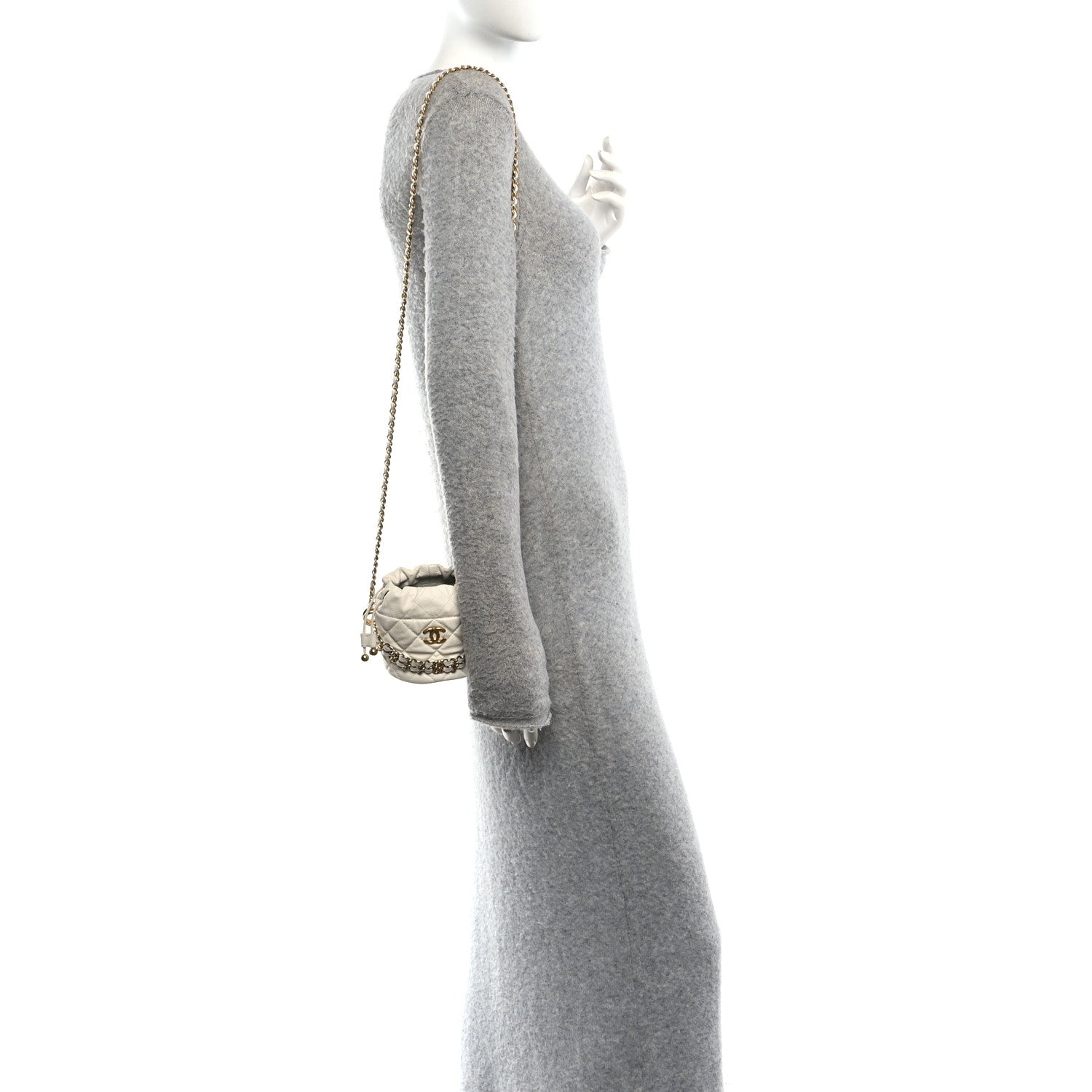 Caviar Quilted Coco First Bucket Clutch With Chain White