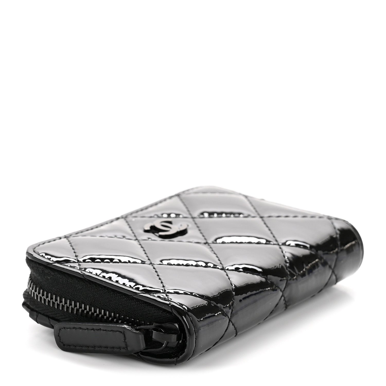 Patent Calfskin Quilted Zip Coin Purse Wallet So Black