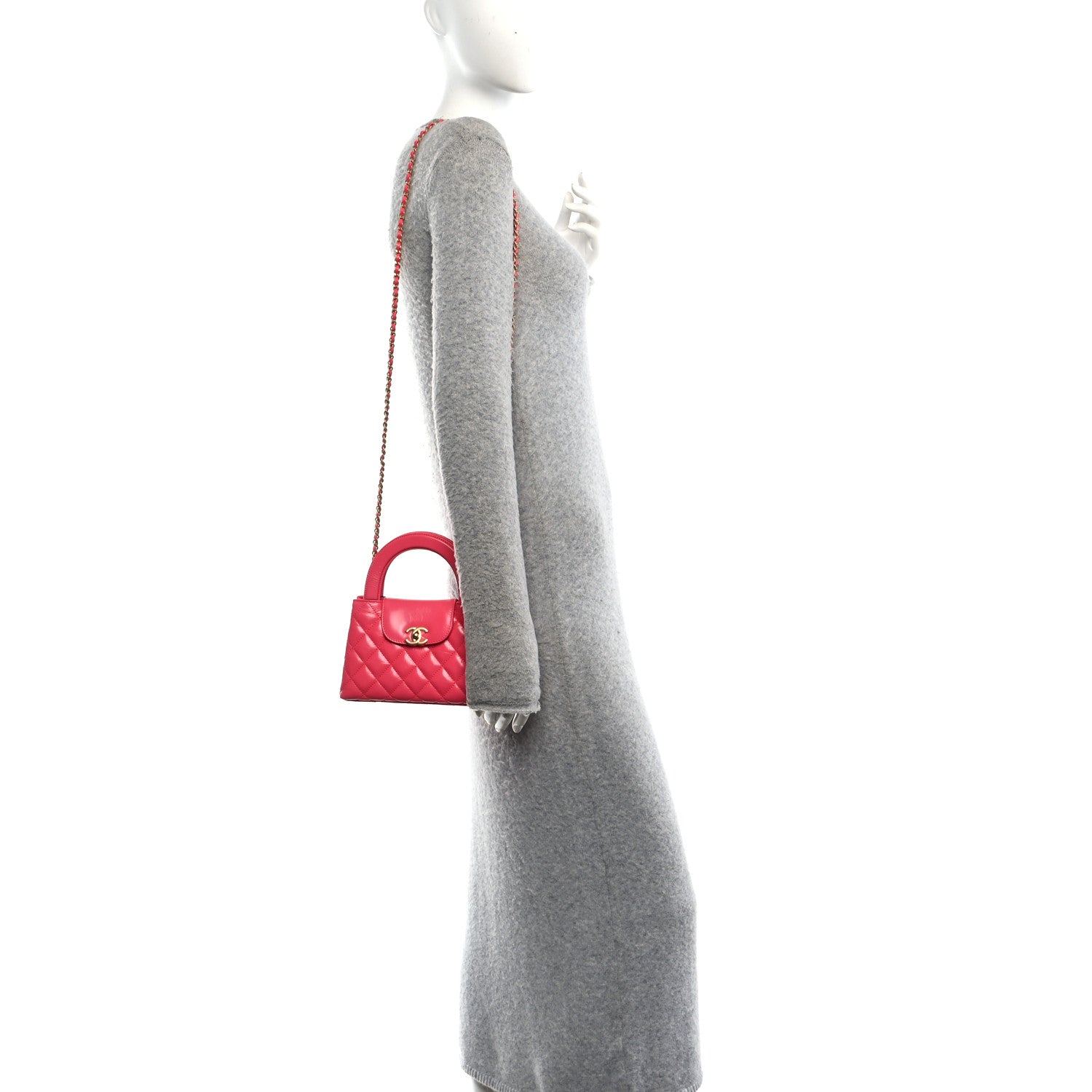 Shiny Aged Calfskin Quilted Nano Kelly Shopper Fuchsia