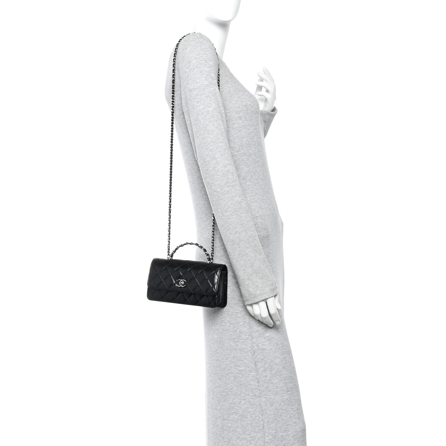 Shiny Crumpled Calfskin Crystal Quilted Precious Handle Clutch With Chain Black