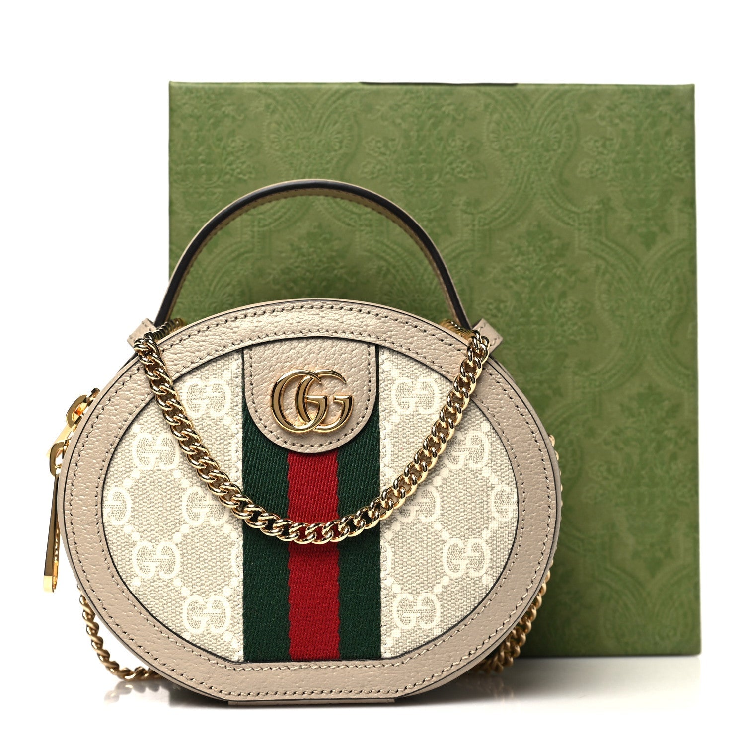 GG Supreme Monogram Top Handle Web Mini Ophidia Round Shoulder Bag Beige Mystic White