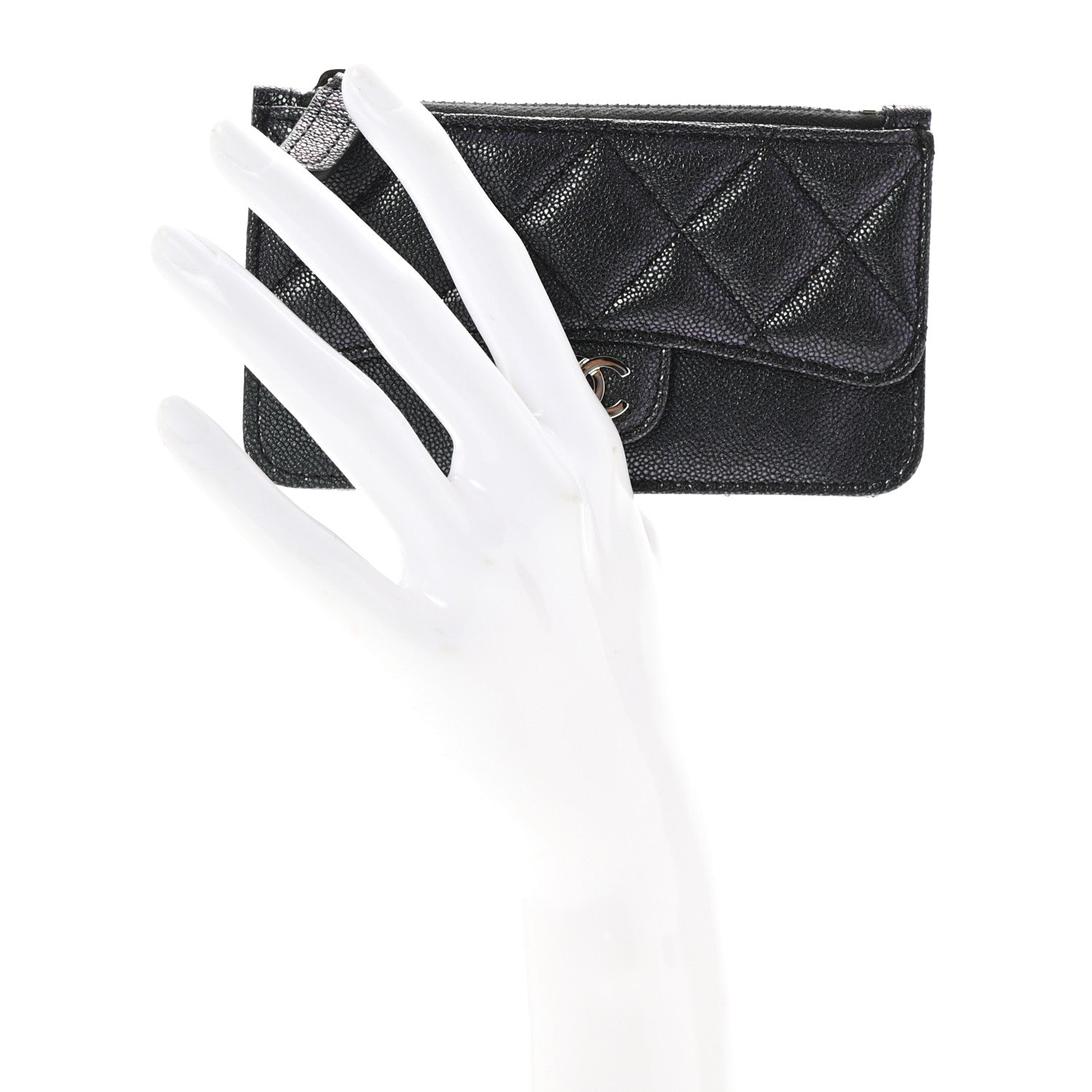 Iridescent Caviar Quilted Flap Zip Card Holder Black