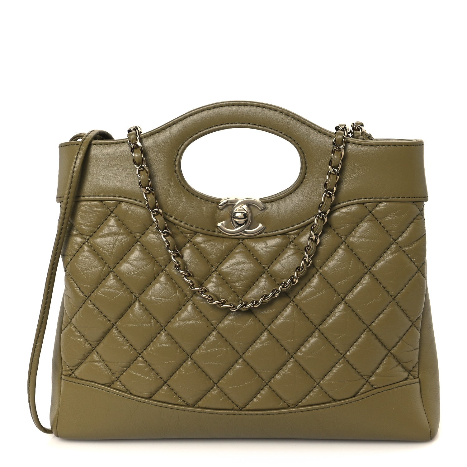 Shiny Crumpled Calfskin Quilted Mini 31 Shopping Bag Khaki