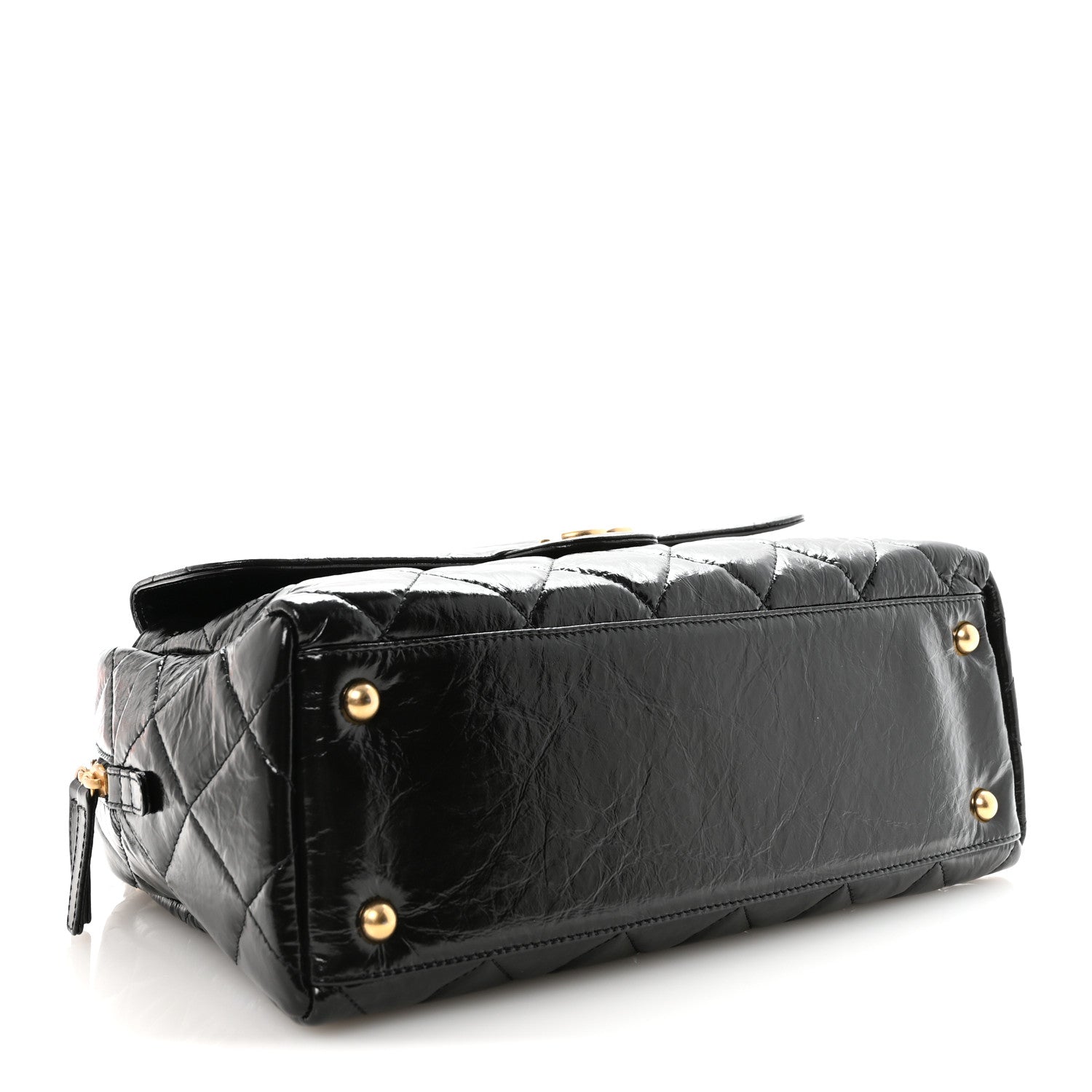 Shiny Crumpled Calfskin Quilted Large Bowling Bag Black
