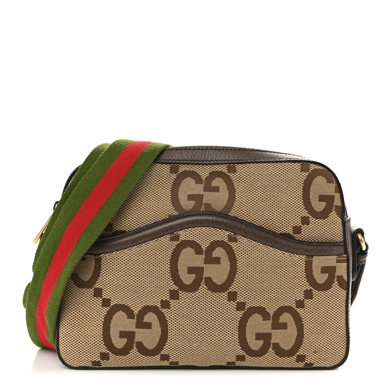 Monogram Jumbo GG Textured Dollar Calfskin Web Messenger Shoulder Bag Camel Ebony New Acero