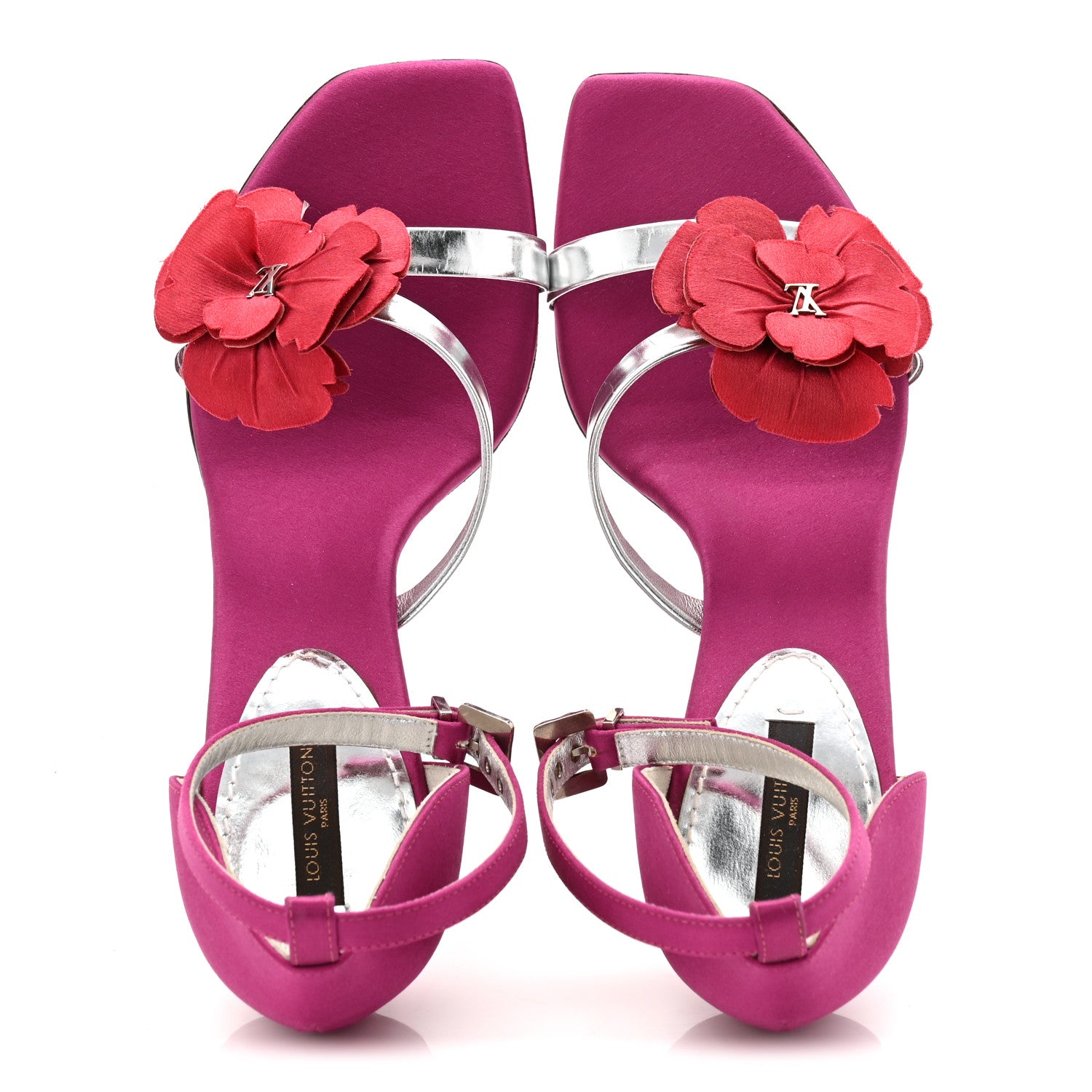 Satin Flower Amber Ankle Sandals 37.5 Fuchsia Red Silver