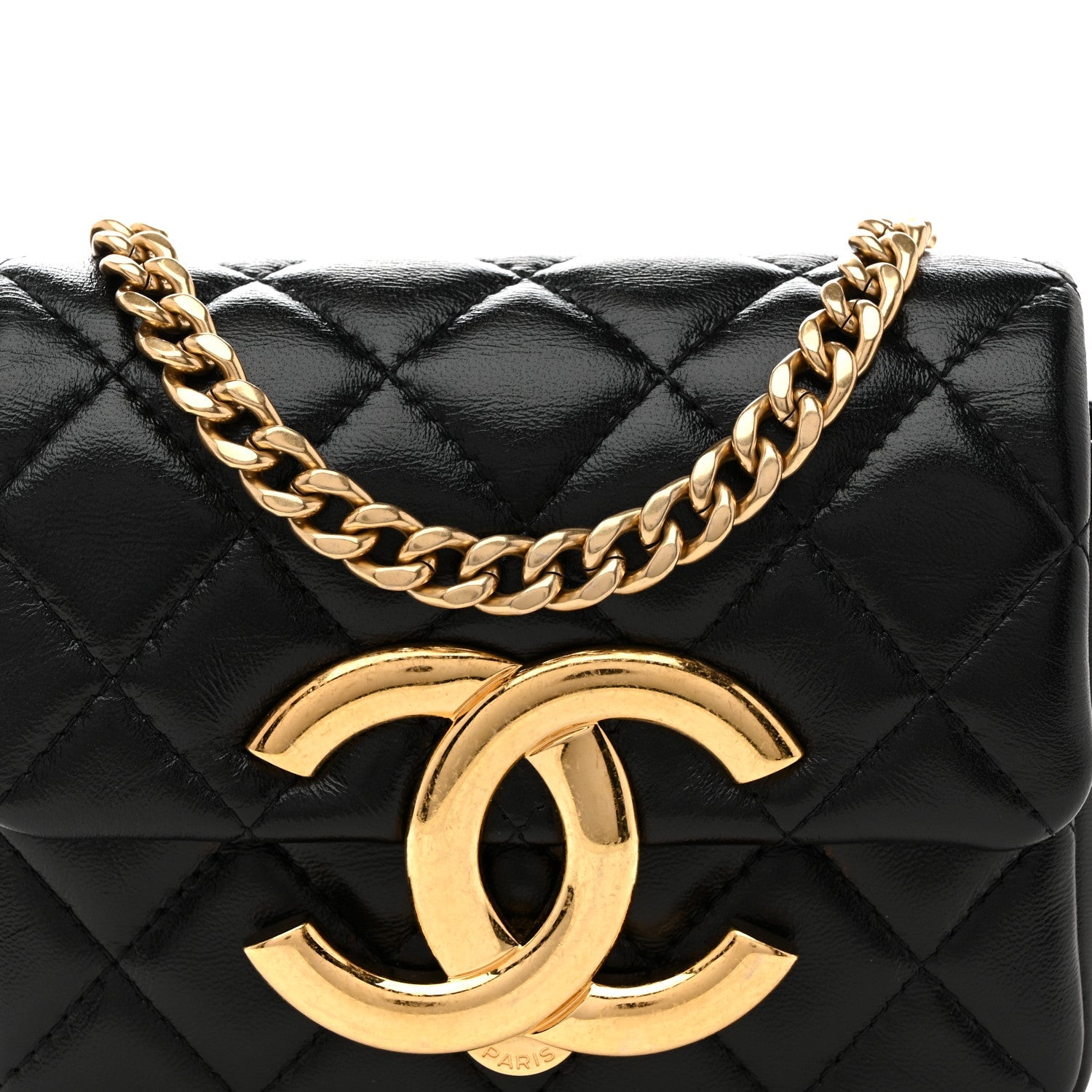 Shiny Crumpled Lambskin Quilted Mini Giant CC Flap Black