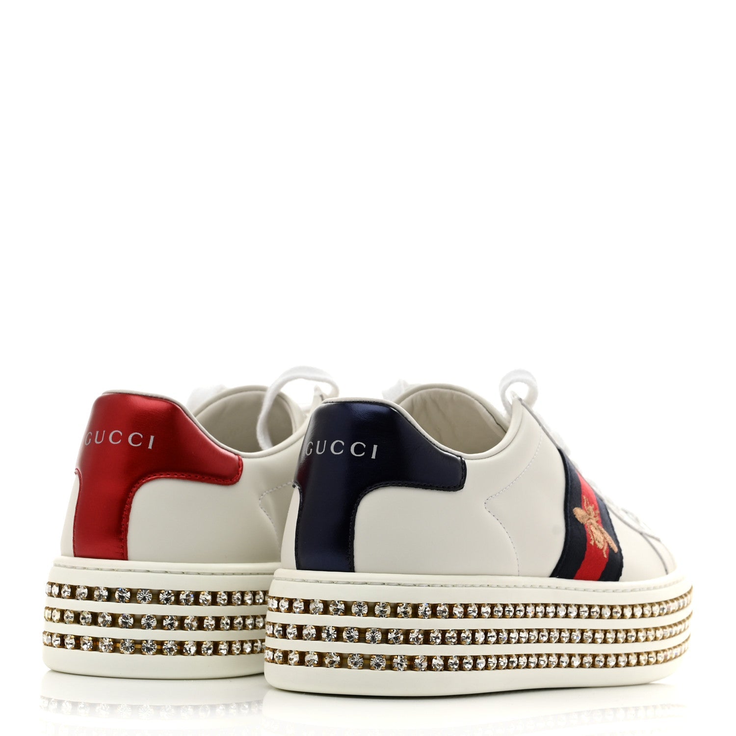 Calfskin Crystal Web Bee Embroidered Womens Ace Platform Sneakers 35.5 White