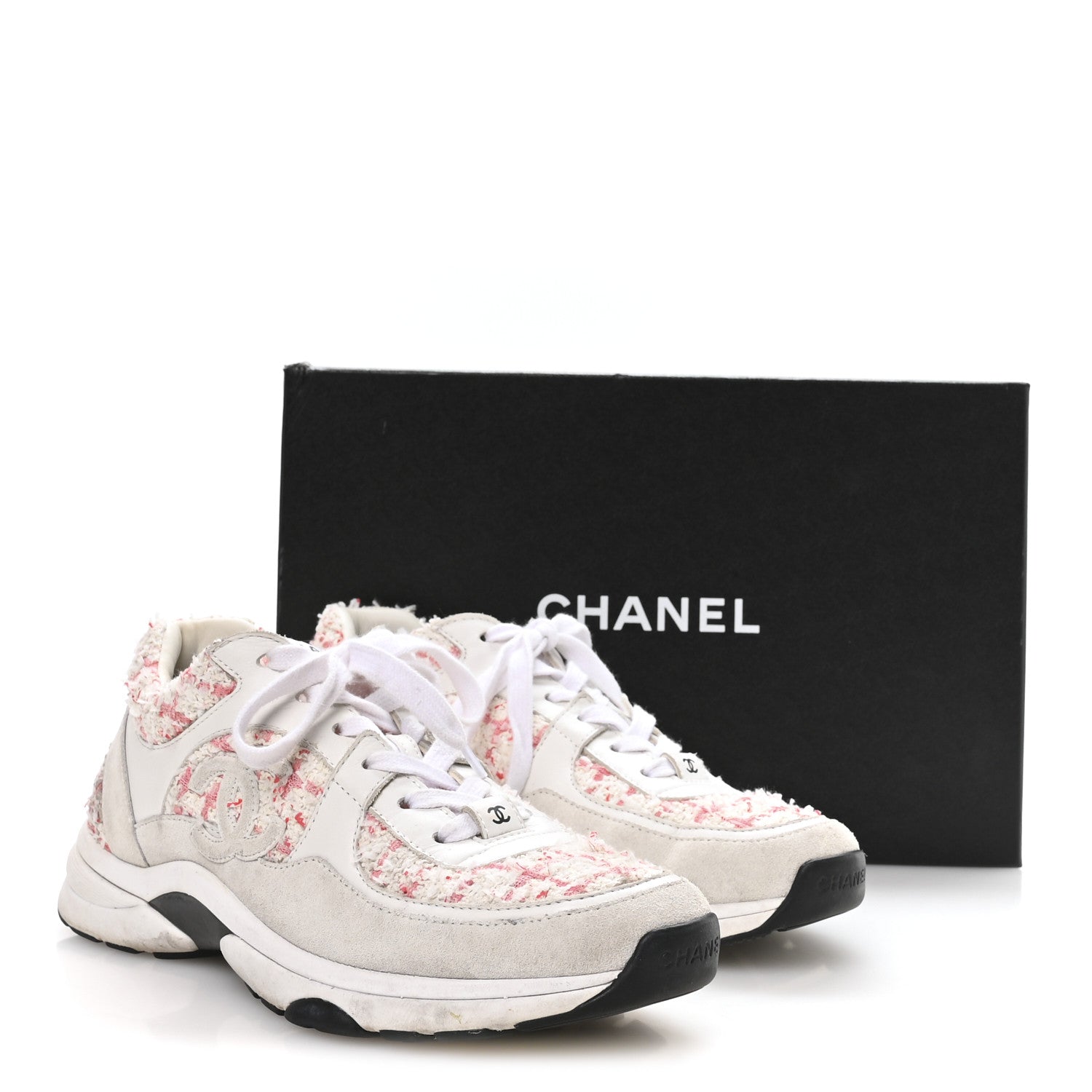 Tweed Suede Calfskin Womens CC Sneakers 39.5 Ecru Pink Red White