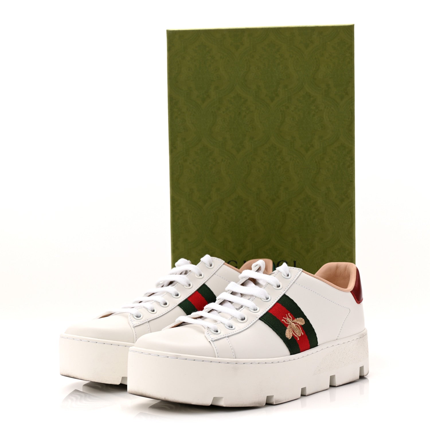 Calfskin Web Bee Embroidered Womens Ace Platform Sneakers 39 White