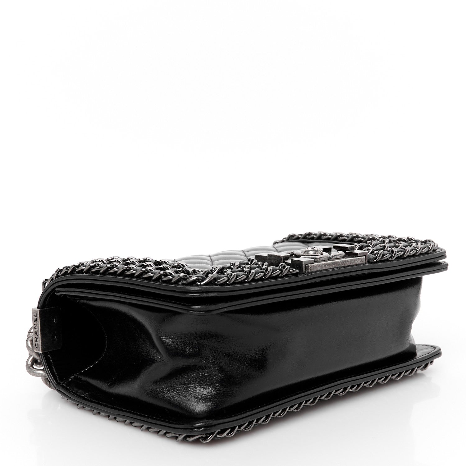Glazed Calfskin Quilted Small Boy Chained Flap Black