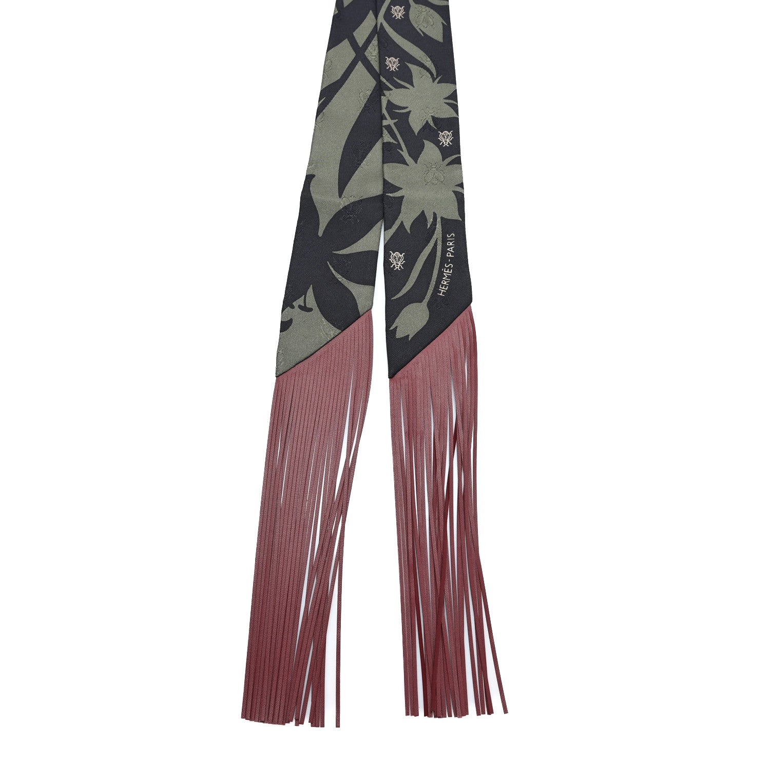 Silk Calfskin Bouquet Final Fringed Twilly Vert Loden Black