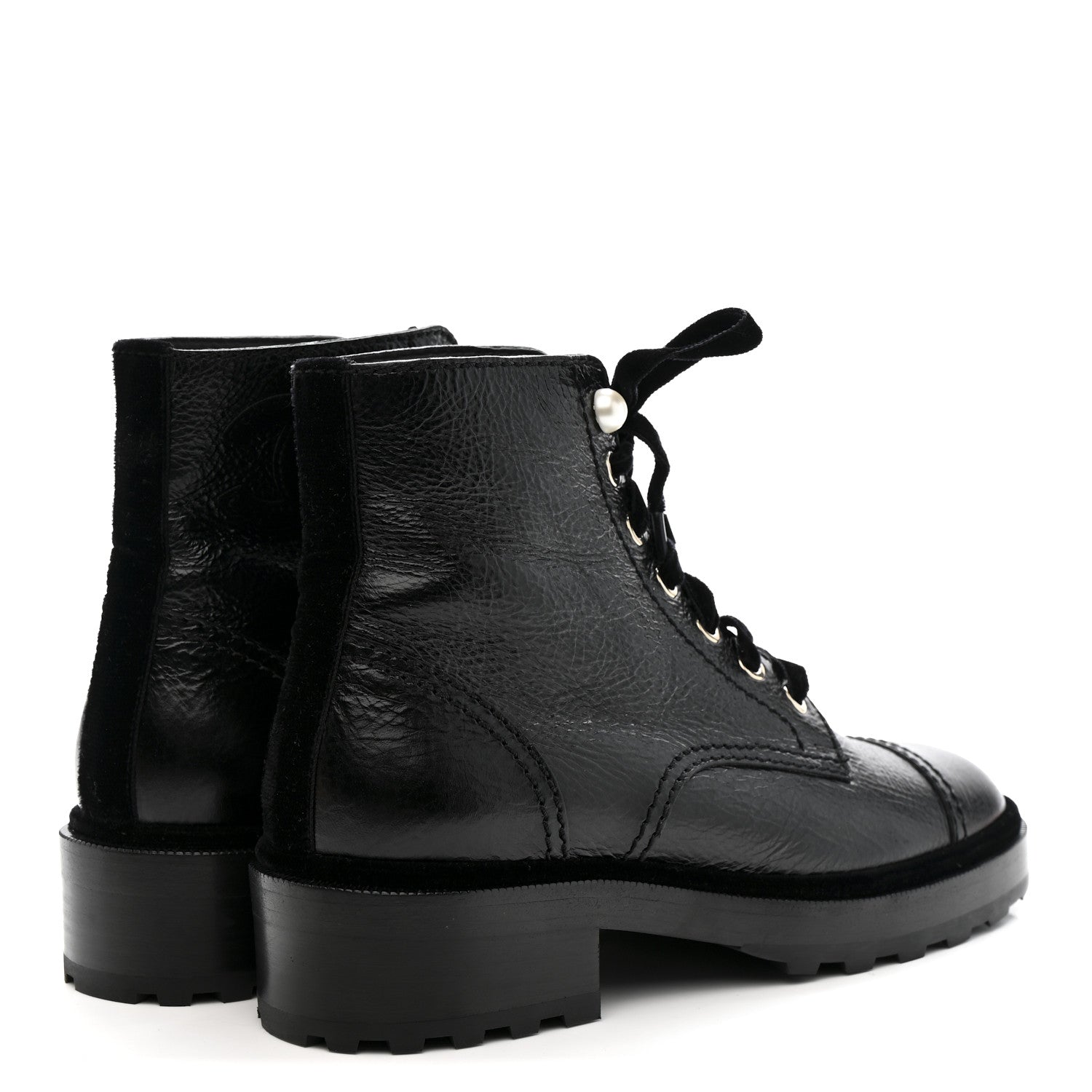 Shiny Calfskin Velvet Pearl Combat Short Boots 38 Black