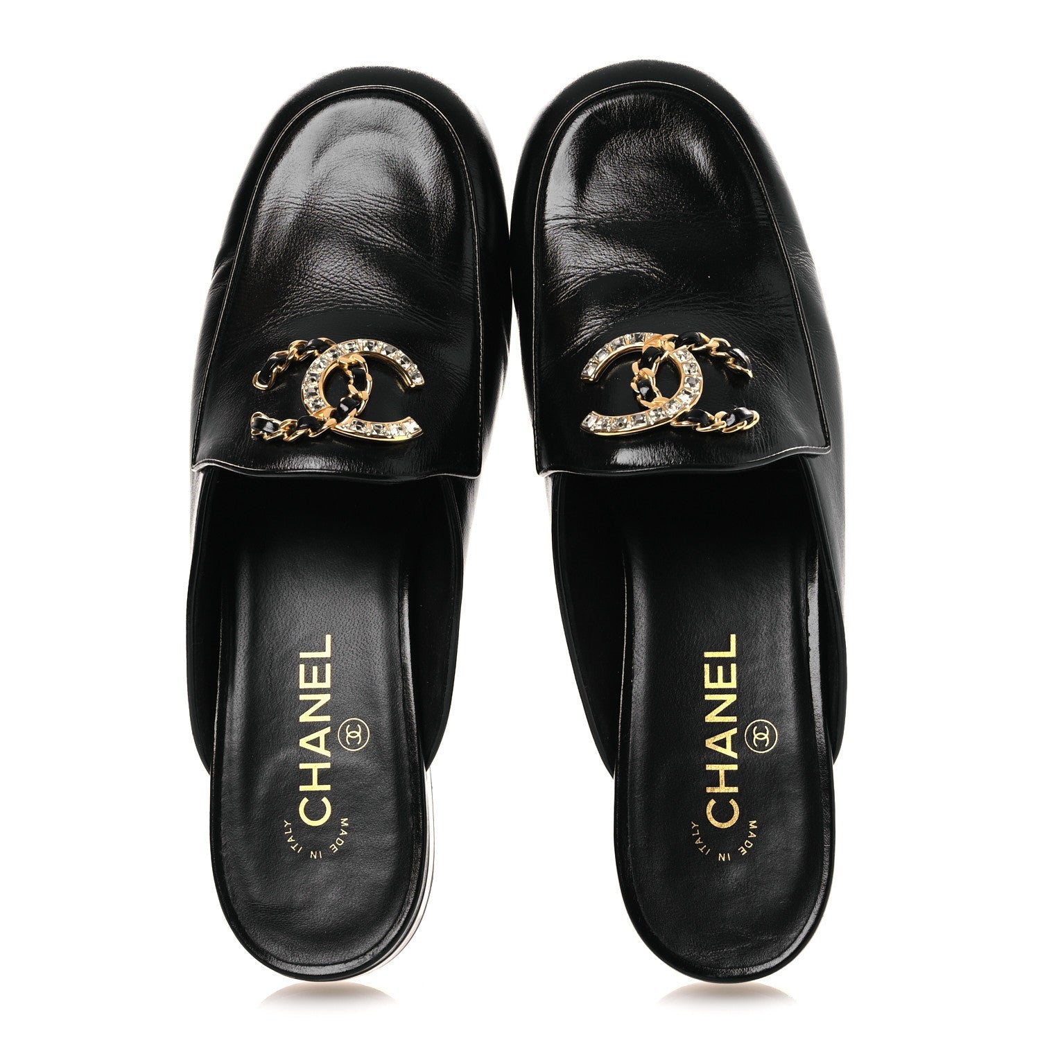 Shiny Calfskin Crystal CC Mules 41 Black