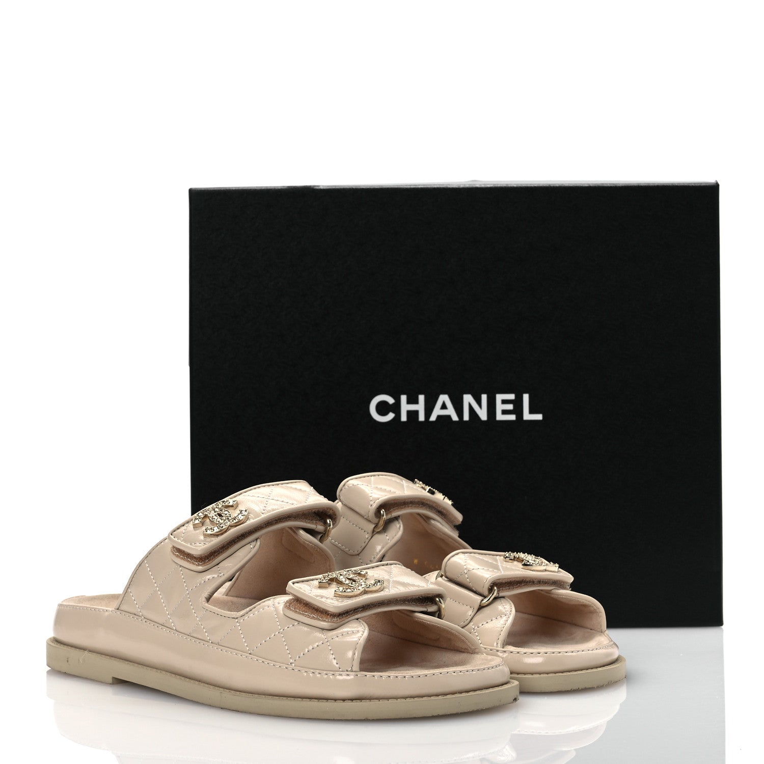 Shiny Calfskin Crystal Quilted Velcro Dad CC Slide Sandals 38 Light Beige