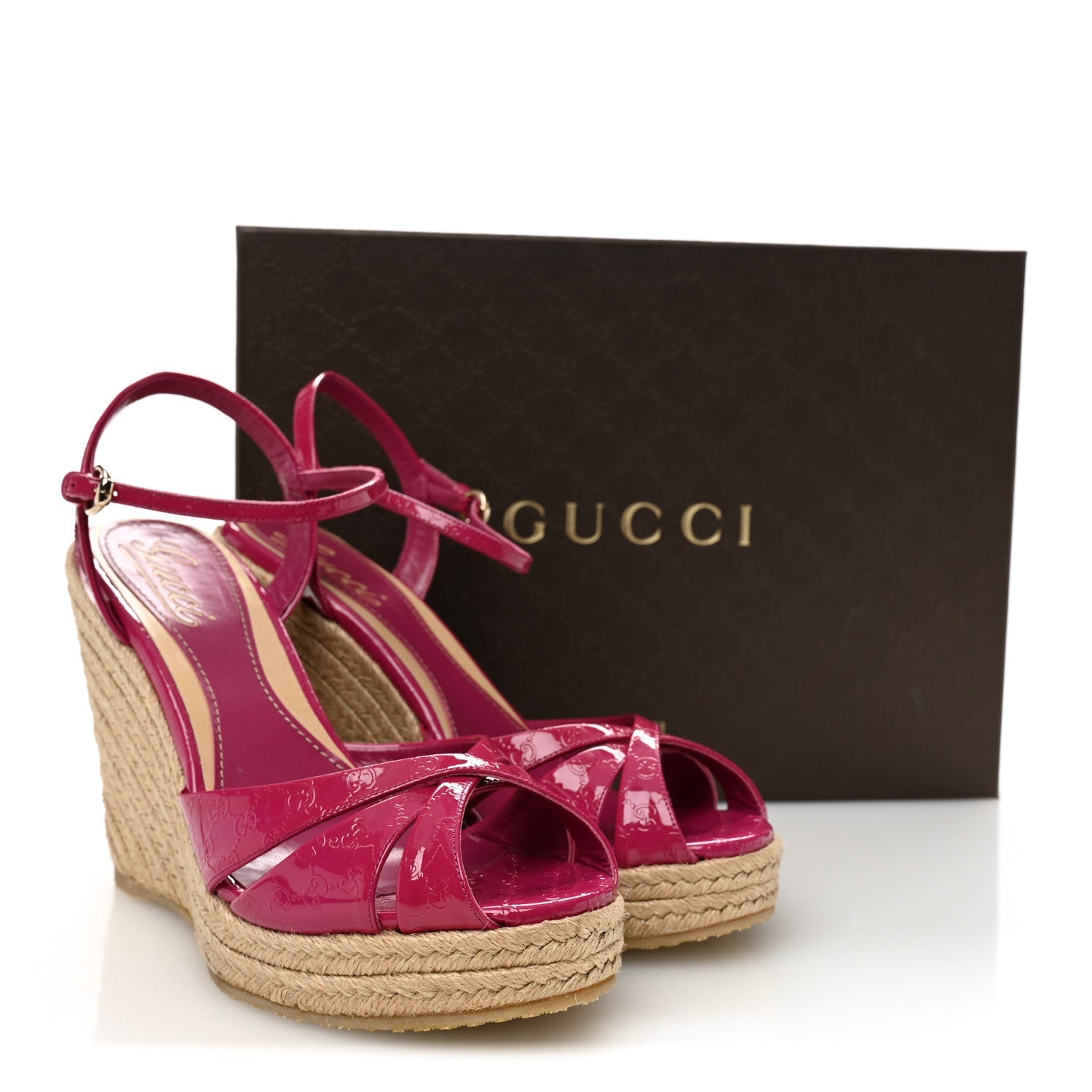 Patent Microguccissima Penelope Espadrille Wedge Sandals 37  Bright Bouganville