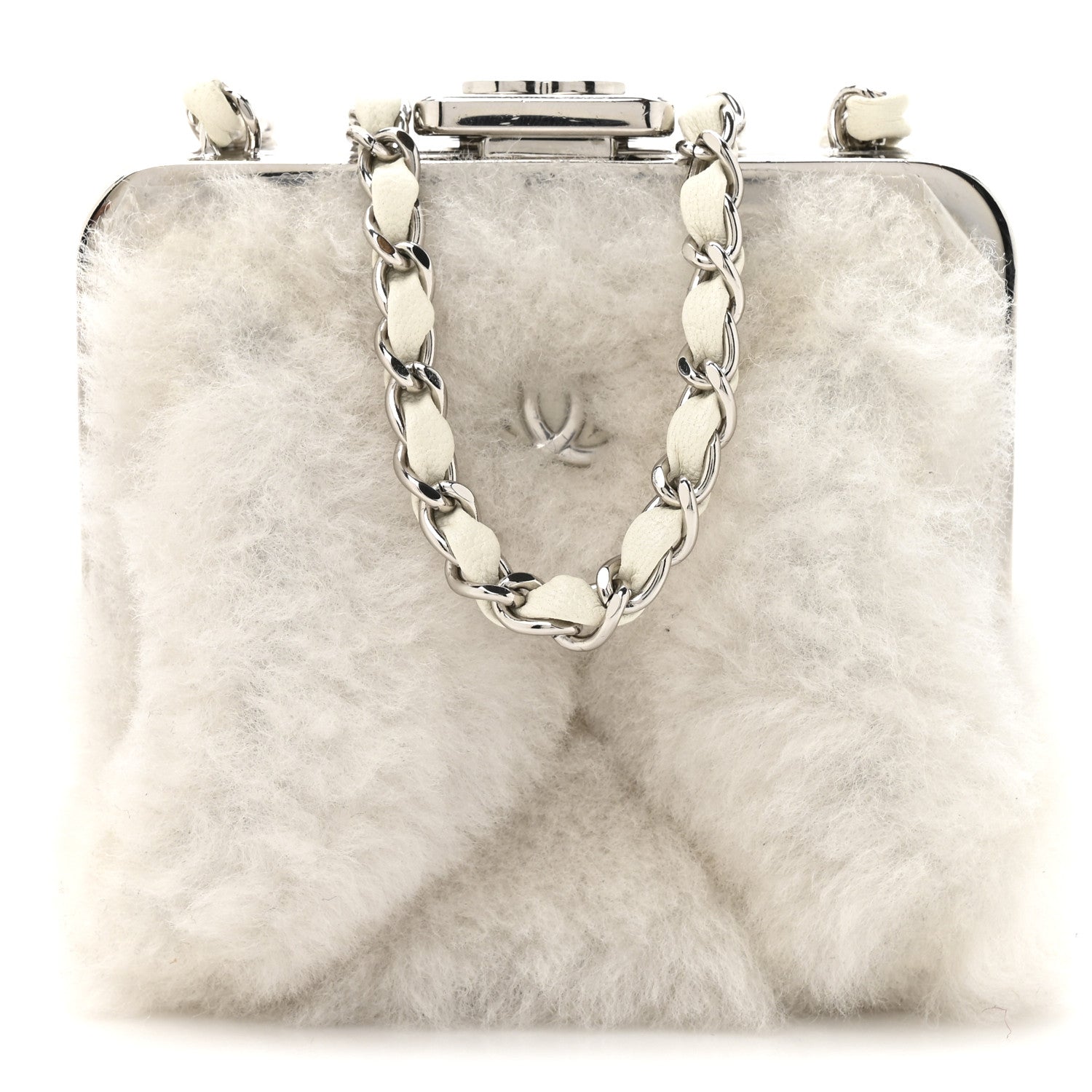 Shearling Sheepskin Lambskin Quilted Clutch With Chain White