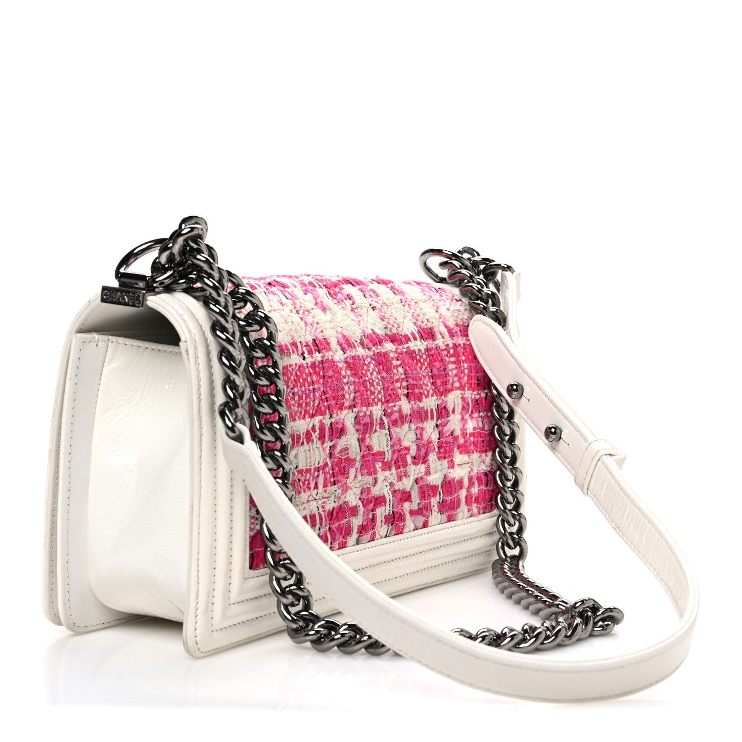 Patent Tweed Medium Boy Flap White