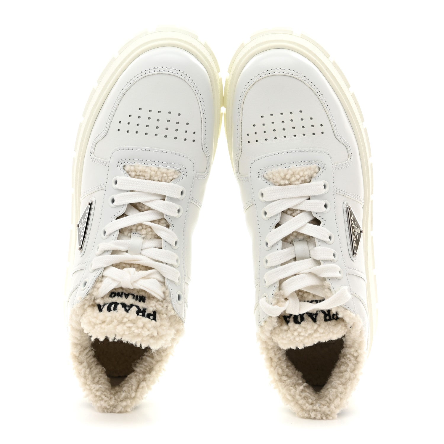 Calfskin Shearling Metal Triangle Logo Sneakers 35.5 White