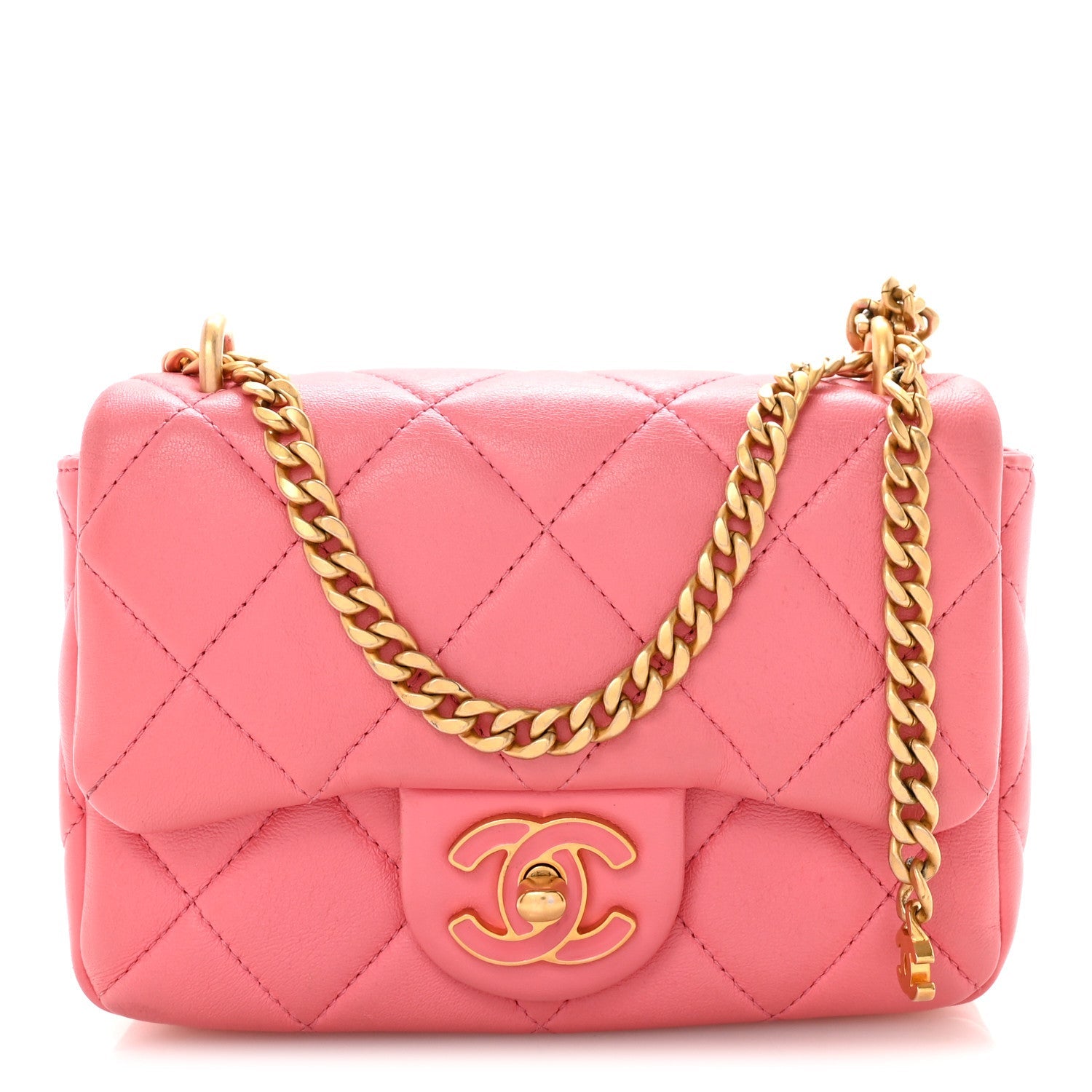 Lambskin Enamel Quilted Pending CC Mini Square Flap Pink