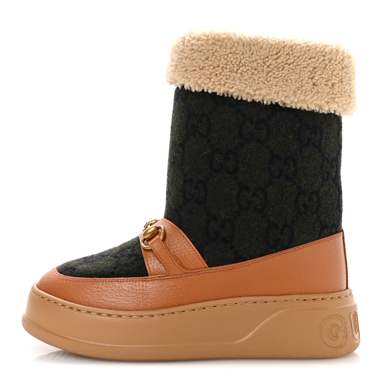 Covered Wool Monogram Textured Dollar Calfskin Shearling Horsebit Snow Boots 37 Underwood Blue Hazel Brown