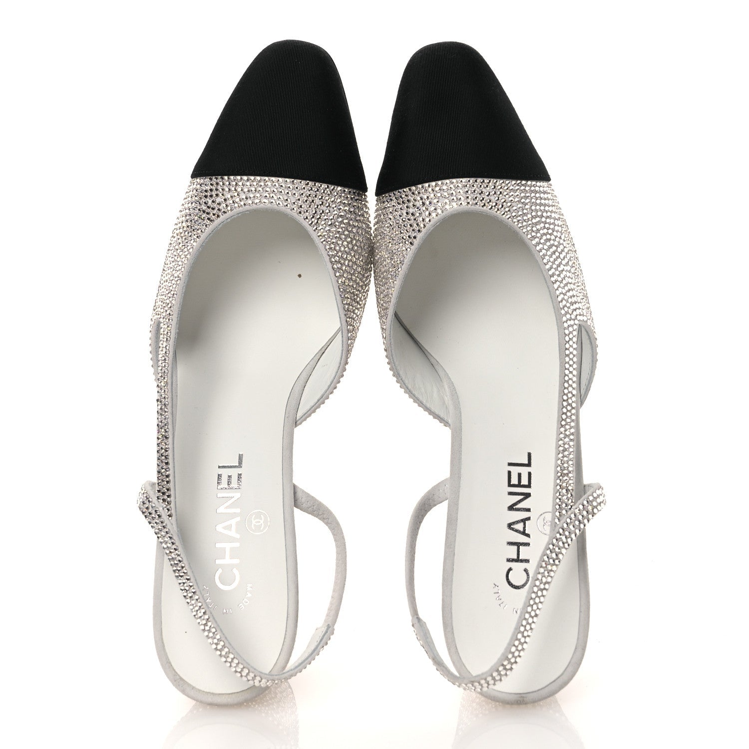 Strass Grosgrain Cap Toe CC Slingback Pumps 40.5 Silver Black