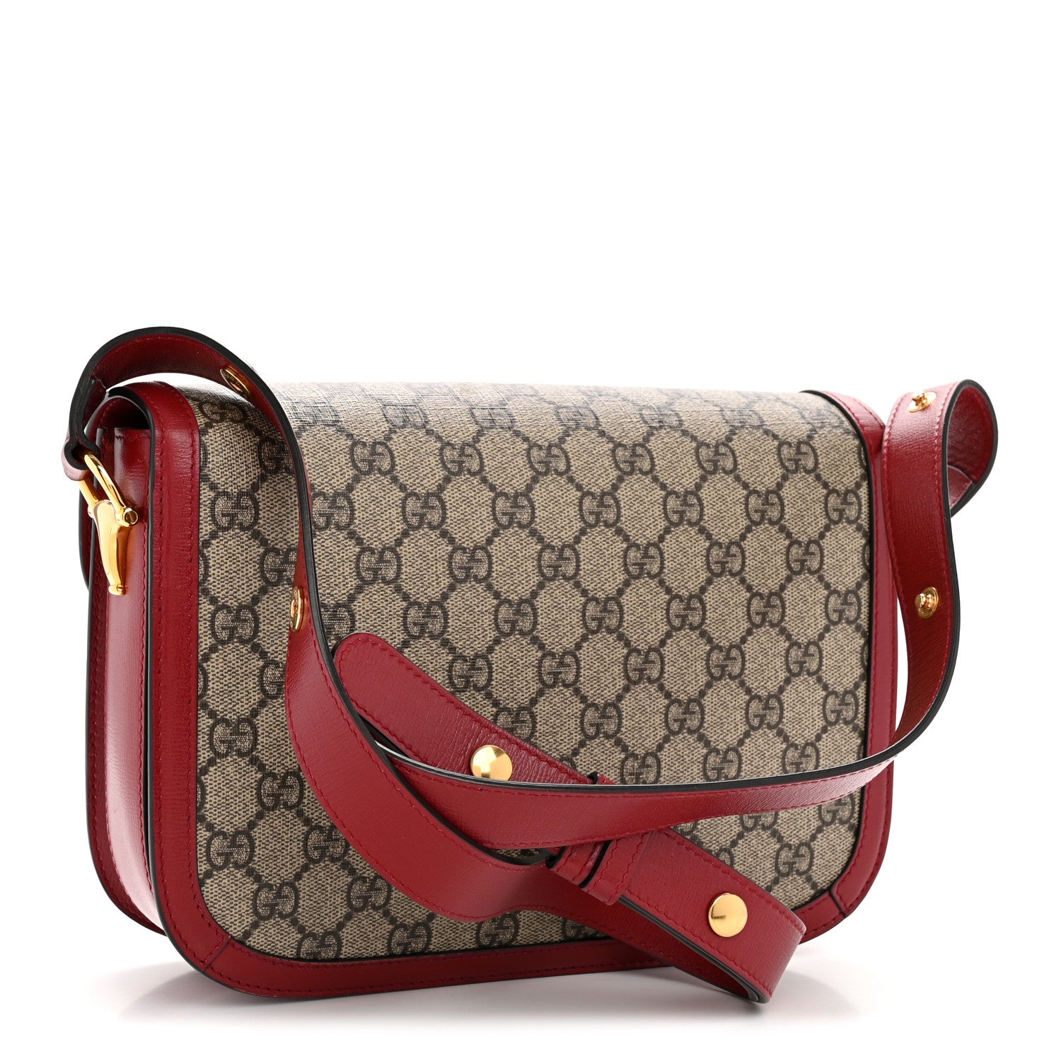 GG Supreme Monogram Azalea Calfskin Horsebit 1955 Shoulder Bag Beige Ebony New Cherry Red