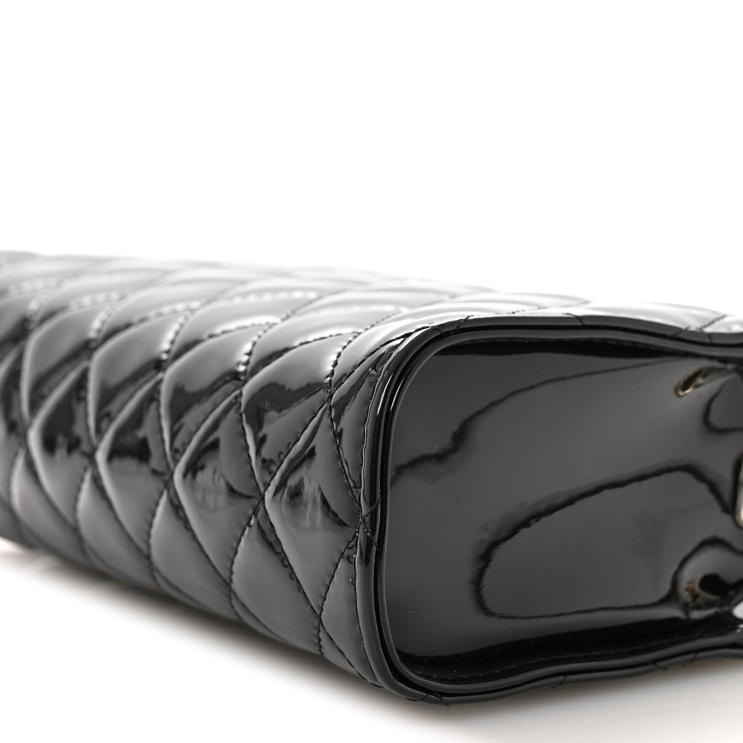 Patent Calfskin Quilted Pearl Clutch With Chain Black