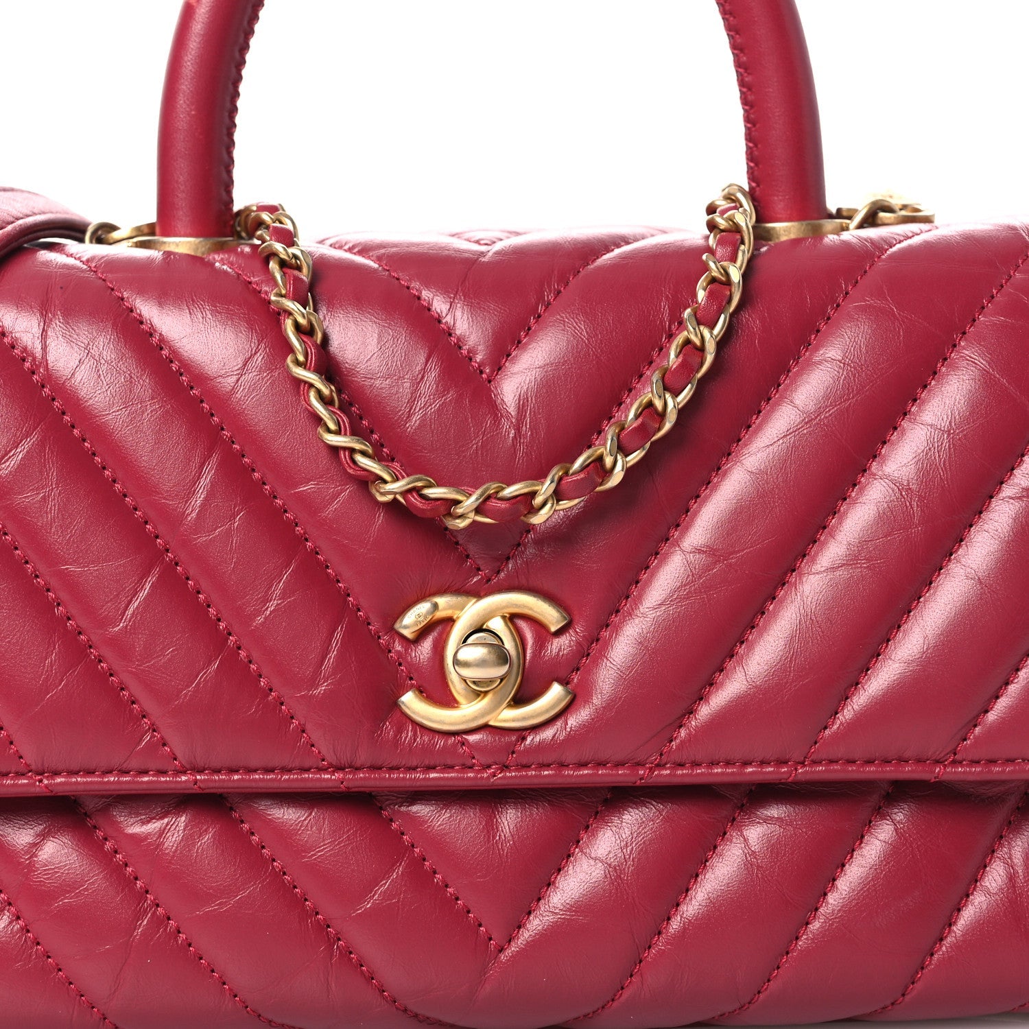 Aged Calfskin Chevron Quilted Mini Coco Handle Flap Dark Pink