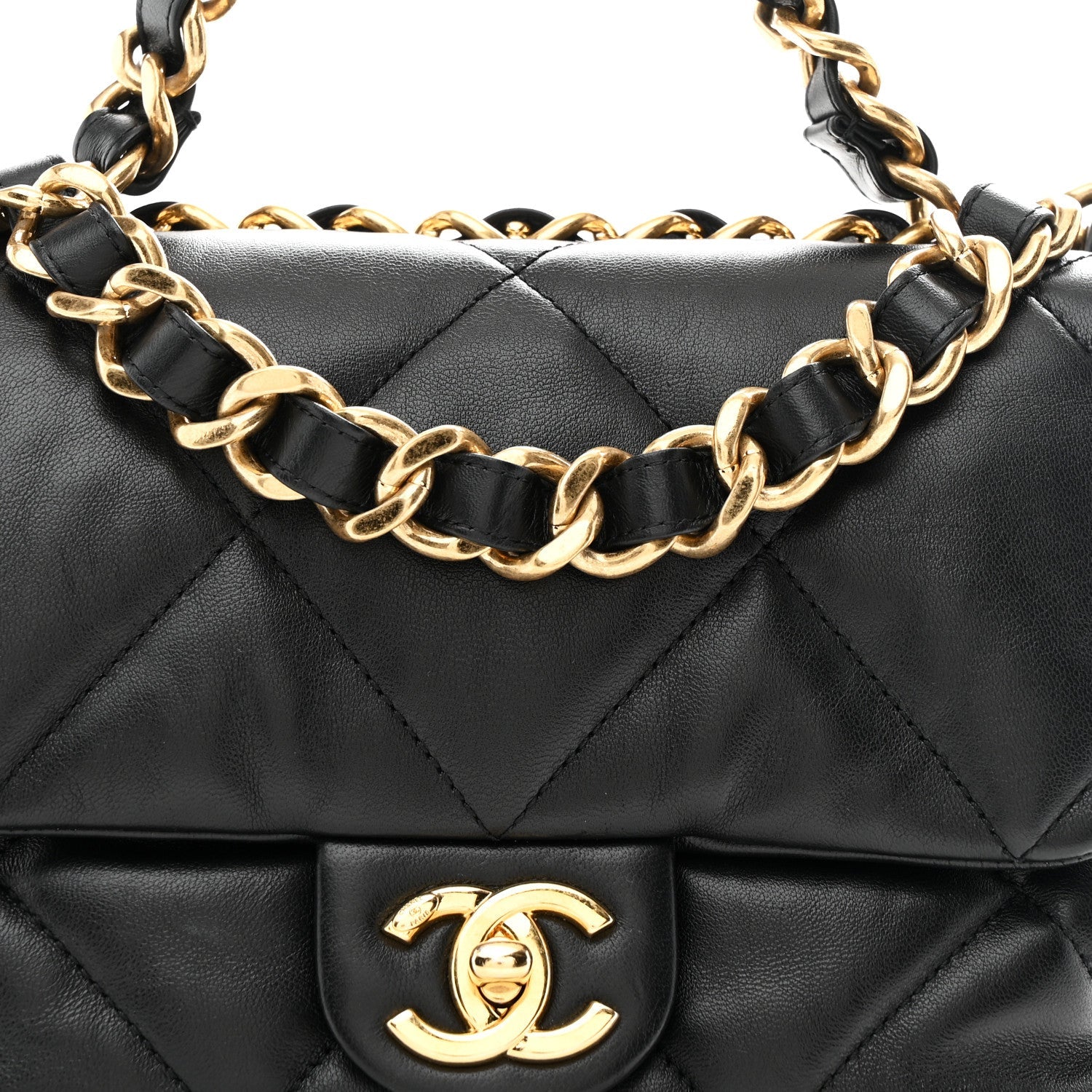 Lambskin Quilted Small Chain Top Handle Flap Black