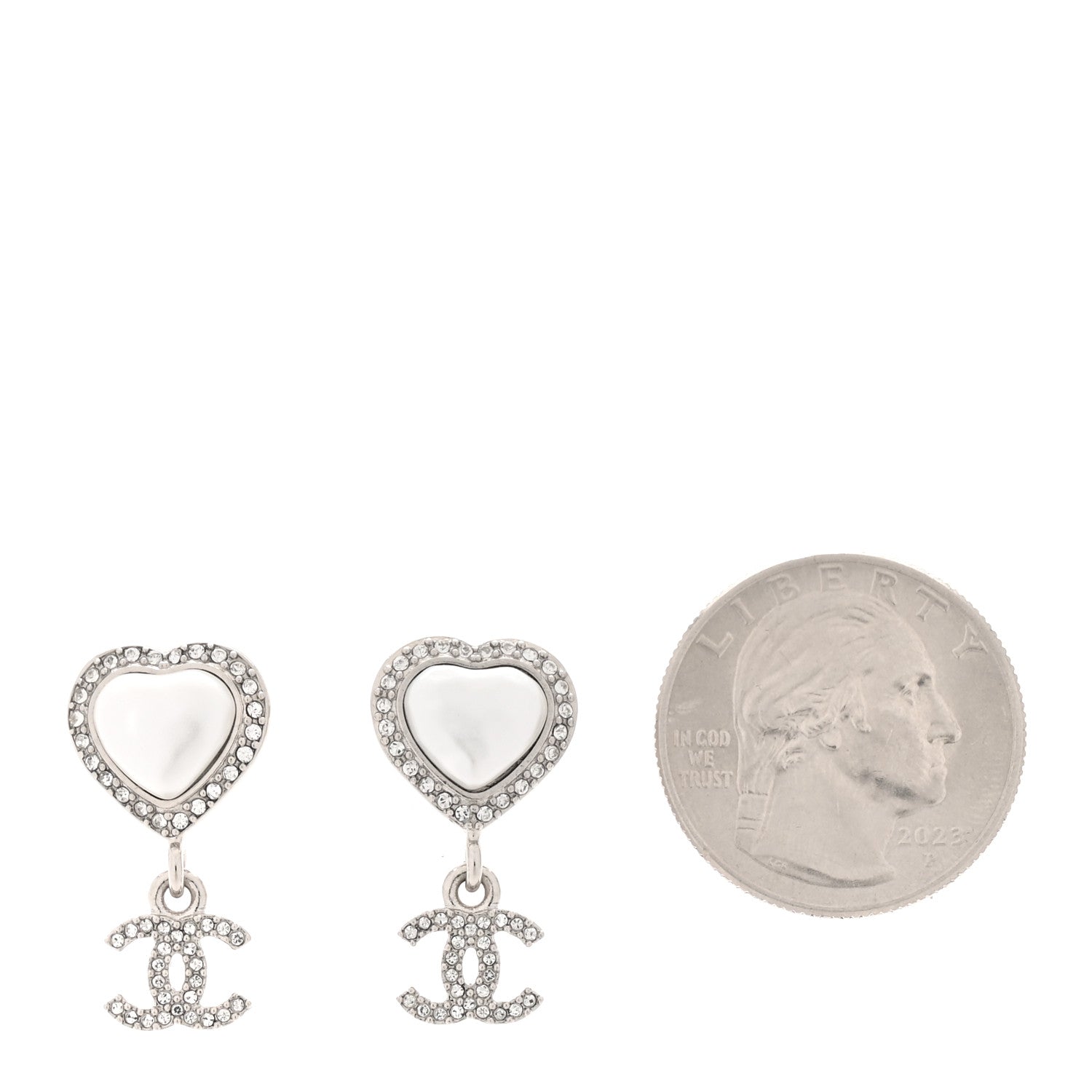 Pearl Crystal CC Heart Drop Earrings Silver