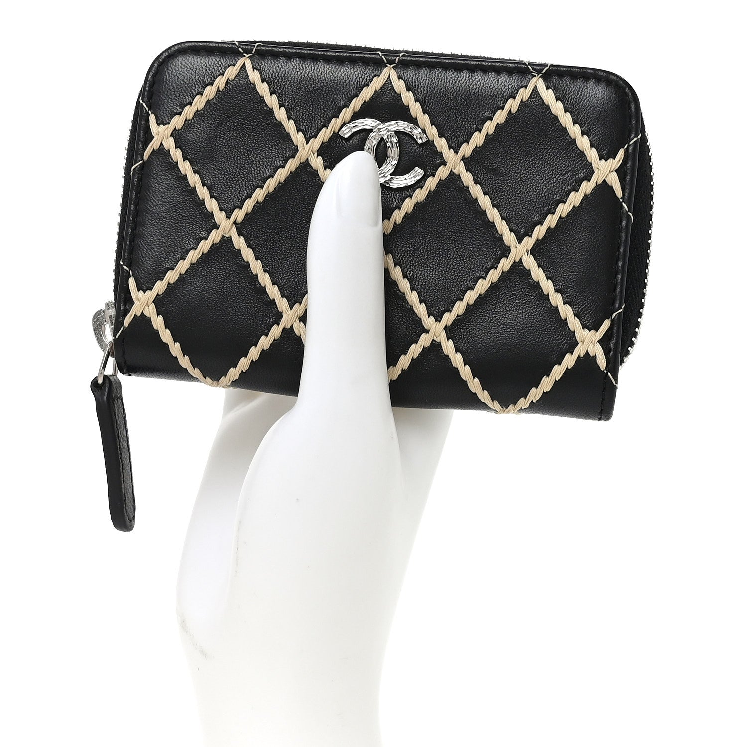 Lambskin Double Stitch Zip Coin Purse Black