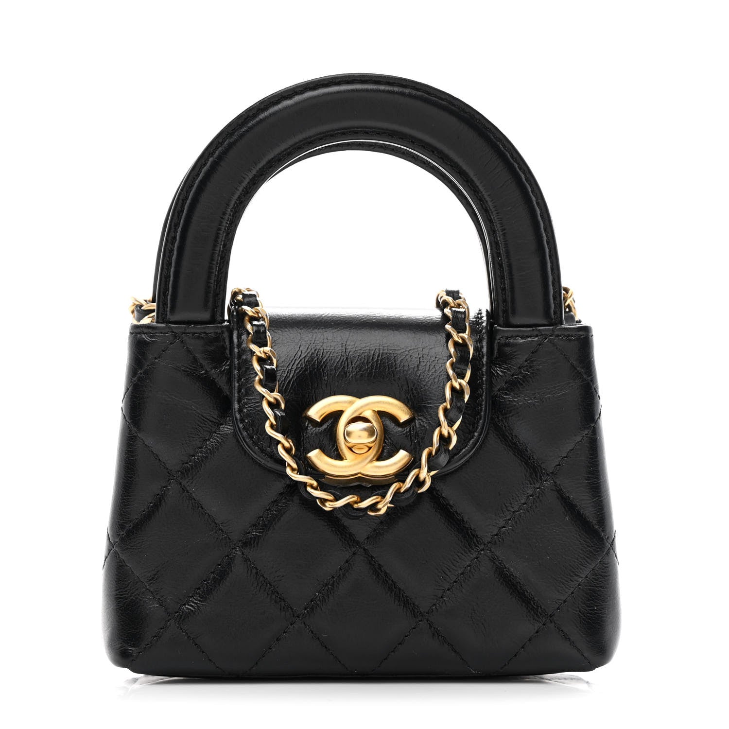 Shiny Aged Calfskin Quilted Mini Nano Kelly Shopper Black