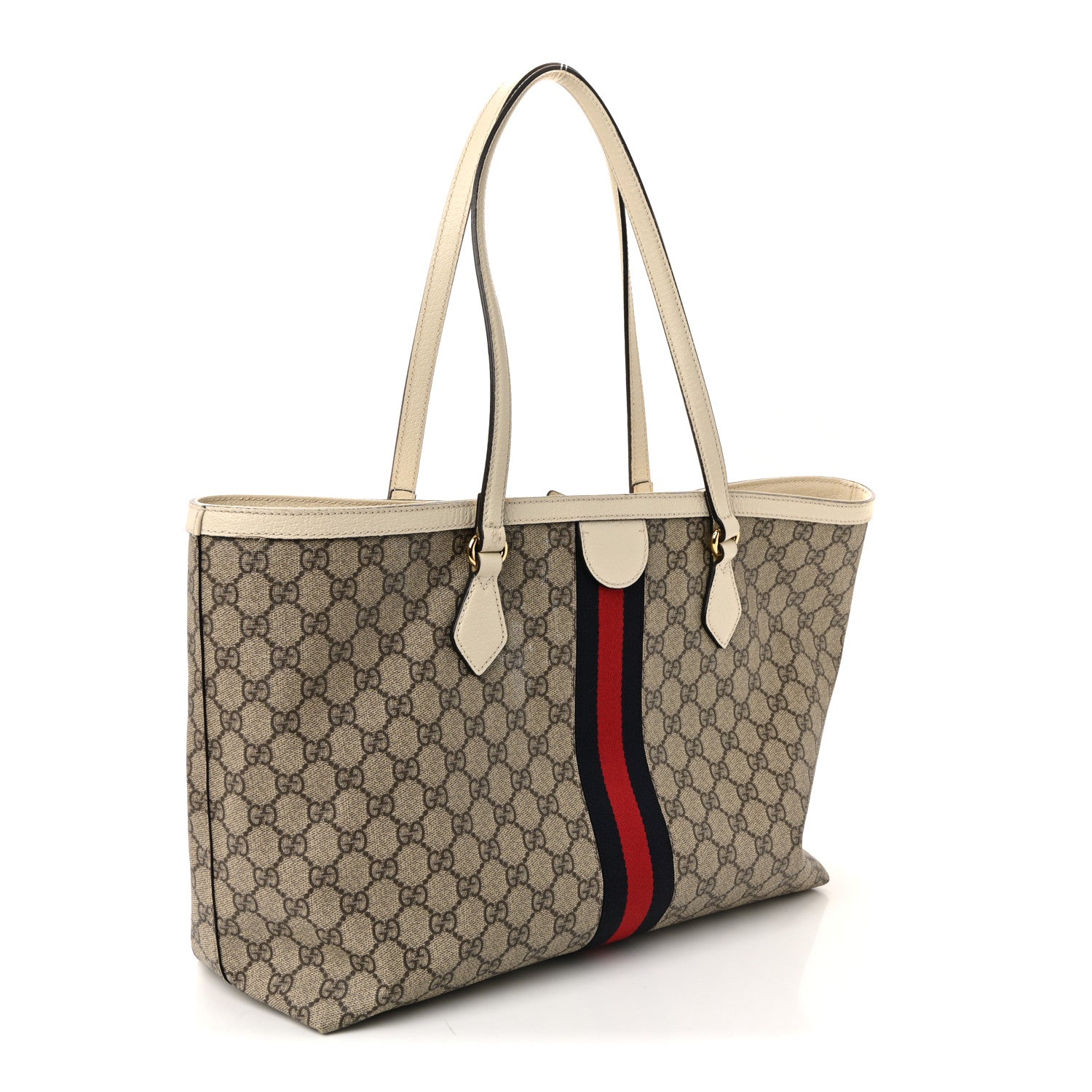 GG Supreme Monogram Textured Dollar Calfskin Web Medium Ophidia Shopping Tote Beige Ebony Mystic White