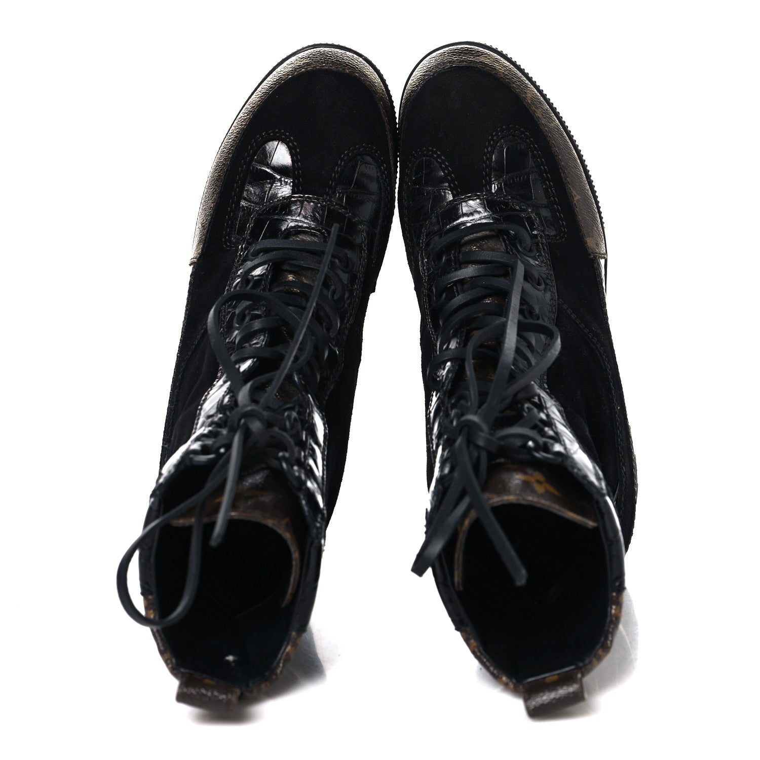 Suede Crocodile Embossed Calfskin Monogram Laureate Platform Desert Boots 36 Black
